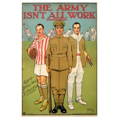 Original Antique Recruitment Poster - The Army Isn't All Work - Football Cricket