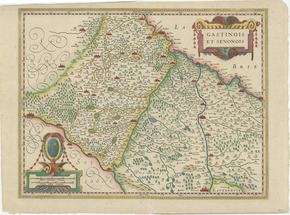 Original Antique Regional Map of France with Orleans, Auxerre and Montargis