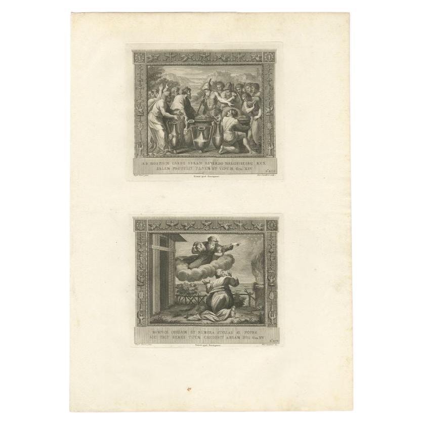 Large antique print with two religious engravings. The upper image depicts the The Meeting between Abraham and Melchizedek. The lower image depicts God's Covenant with Abraham. This print originates from a work illustrating the complete series of