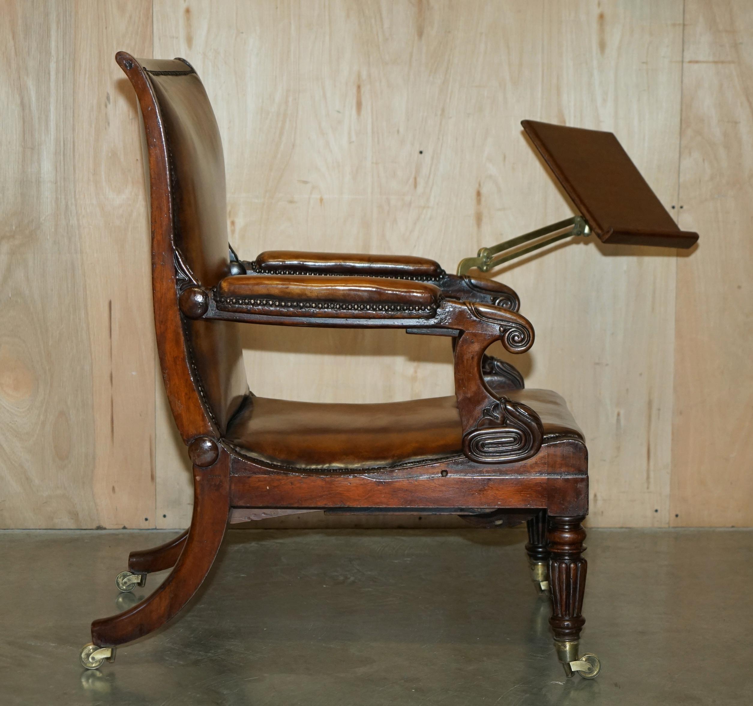 ORIGINAL ANTIQUE ROBERT DAWS HARDWOOD BROWN LEATHER RECLINiNG LIBRARY ARMCHAIR For Sale 3