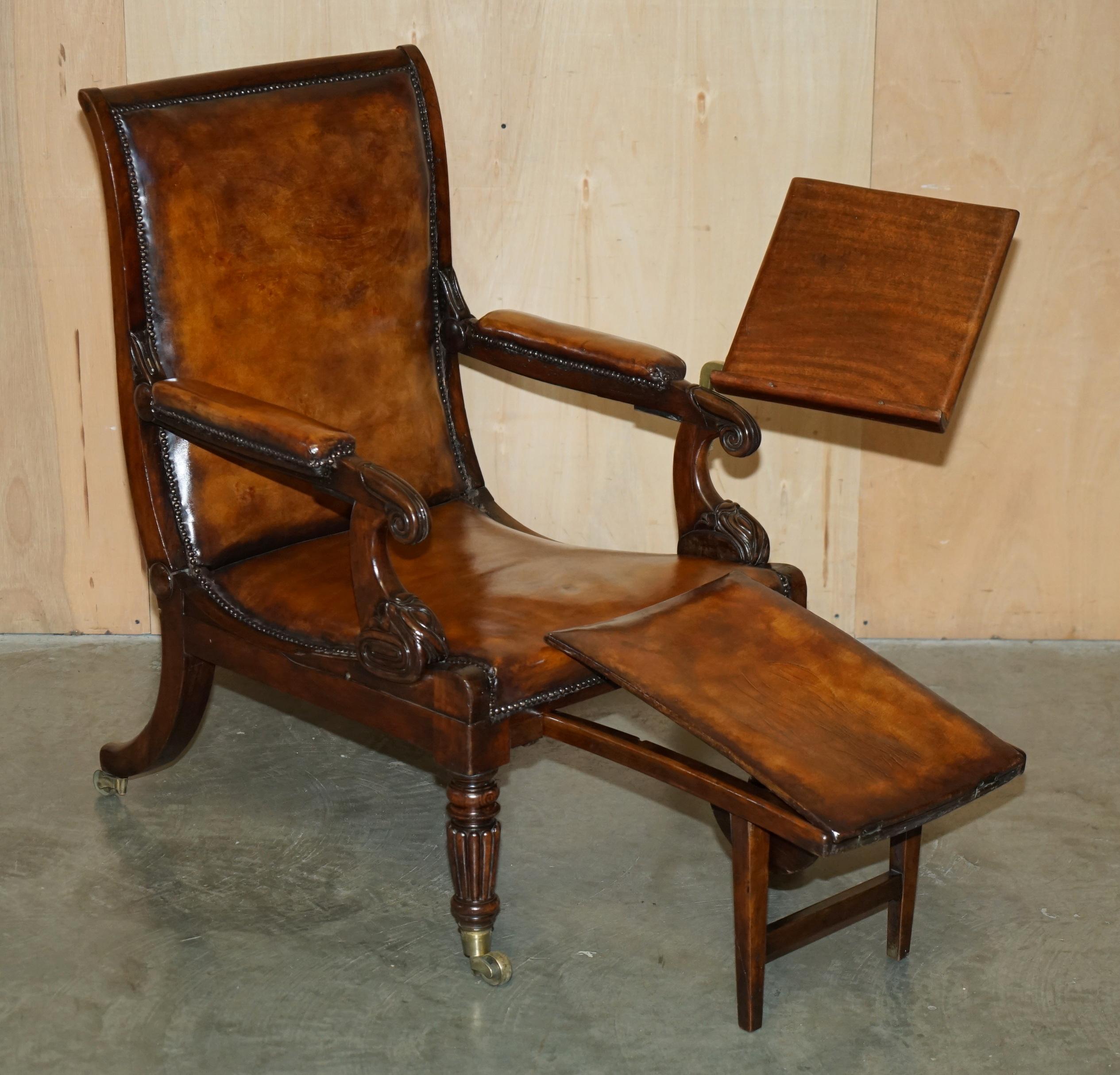 ORIGINAL ANTIQUE ROBERT DAWS HARDWOOD BROWN LEATHER RECLINiNG LIBRARY ARMCHAIR For Sale 6