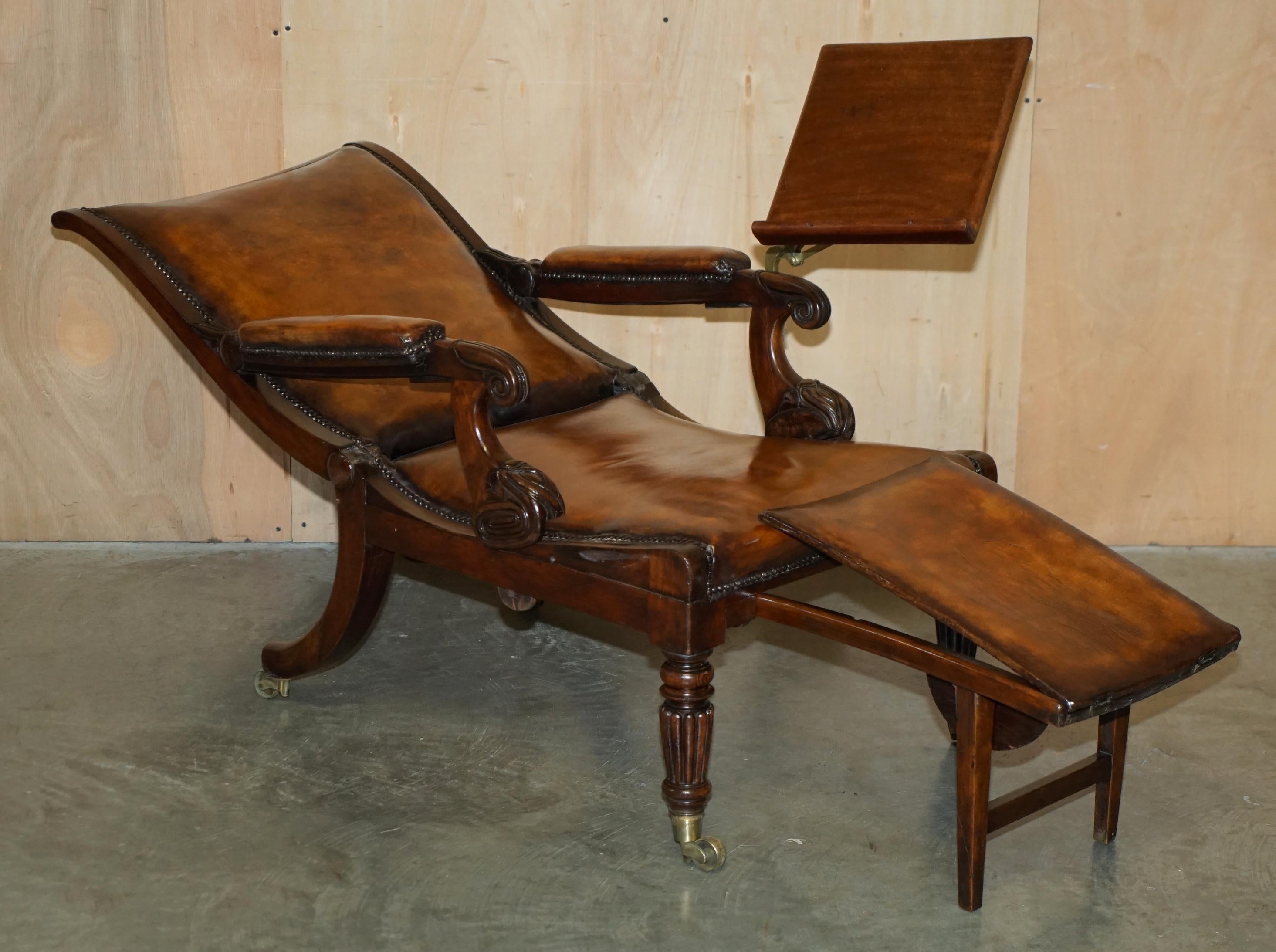 ORIGINAL ANTIQUE ROBERT DAWS HARDWOOD BROWN LEATHER RECLINiNG LIBRARY ARMCHAIR For Sale 9