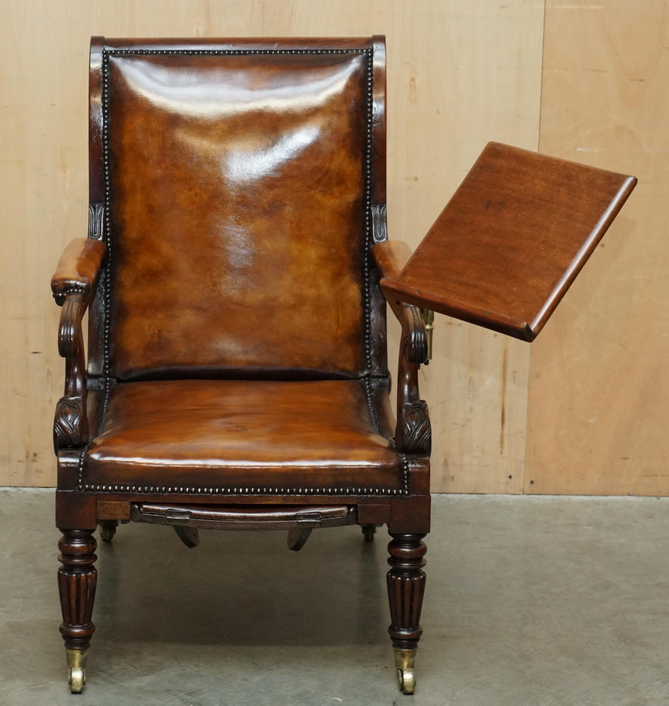 William IV ORIGINAL ANTIQUE ROBERT DAWS HARDWOOD BROWN LEATHER RECLINiNG LIBRARY ARMCHAIR For Sale