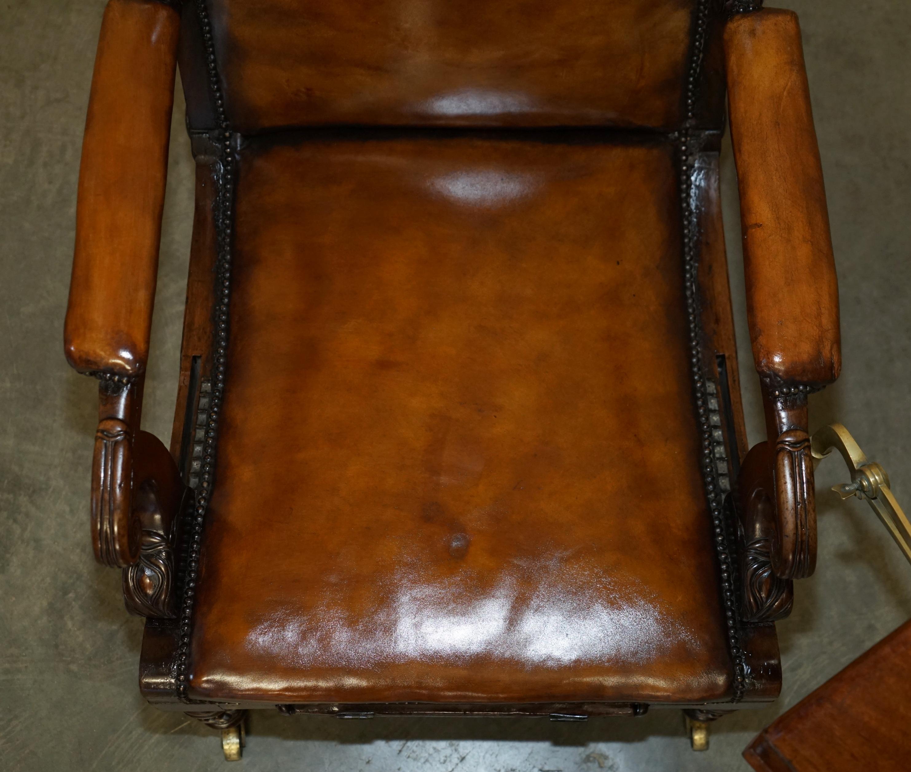 Hand-Crafted ORIGINAL ANTIQUE ROBERT DAWS HARDWOOD BROWN LEATHER RECLINiNG LIBRARY ARMCHAIR For Sale