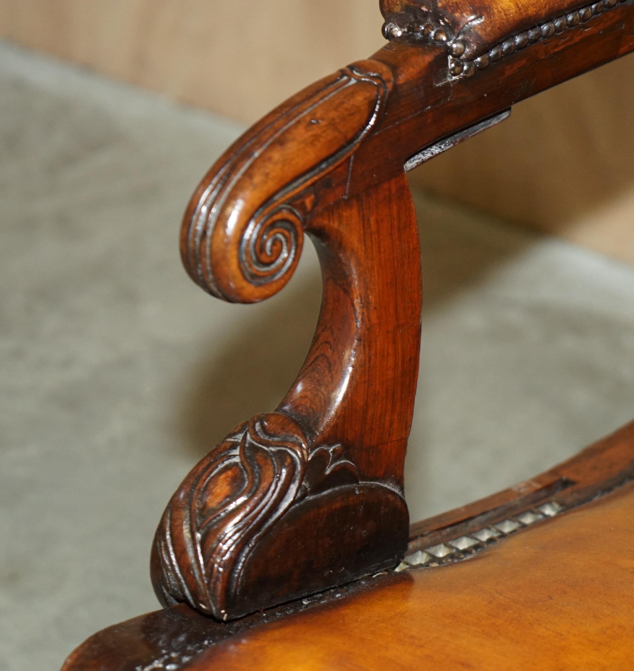 Mid-19th Century ORIGINAL ANTIQUE ROBERT DAWS HARDWOOD BROWN LEATHER RECLINiNG LIBRARY ARMCHAIR For Sale