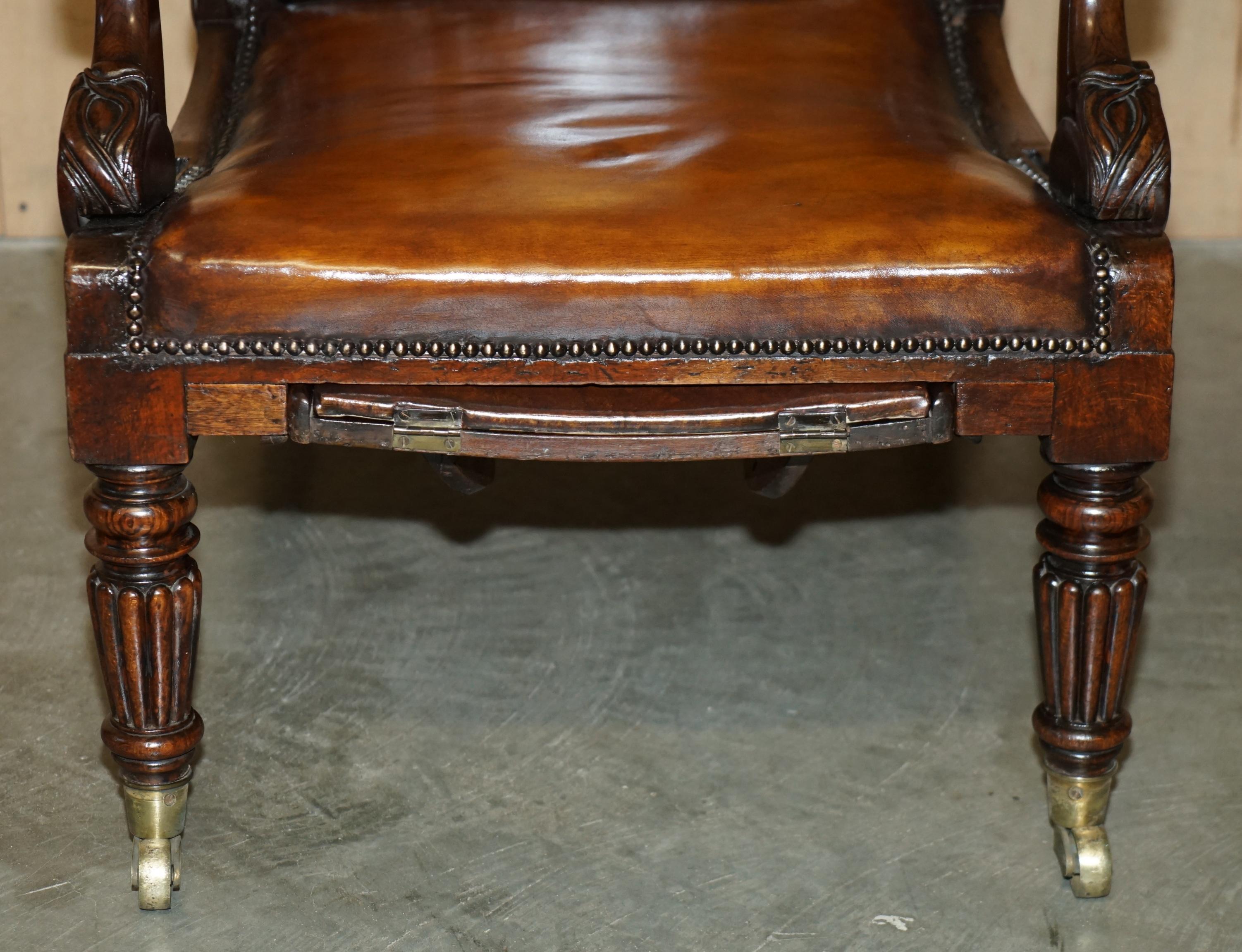 Brass ORIGINAL ANTIQUE ROBERT DAWS HARDWOOD BROWN LEATHER RECLINiNG LIBRARY ARMCHAIR For Sale