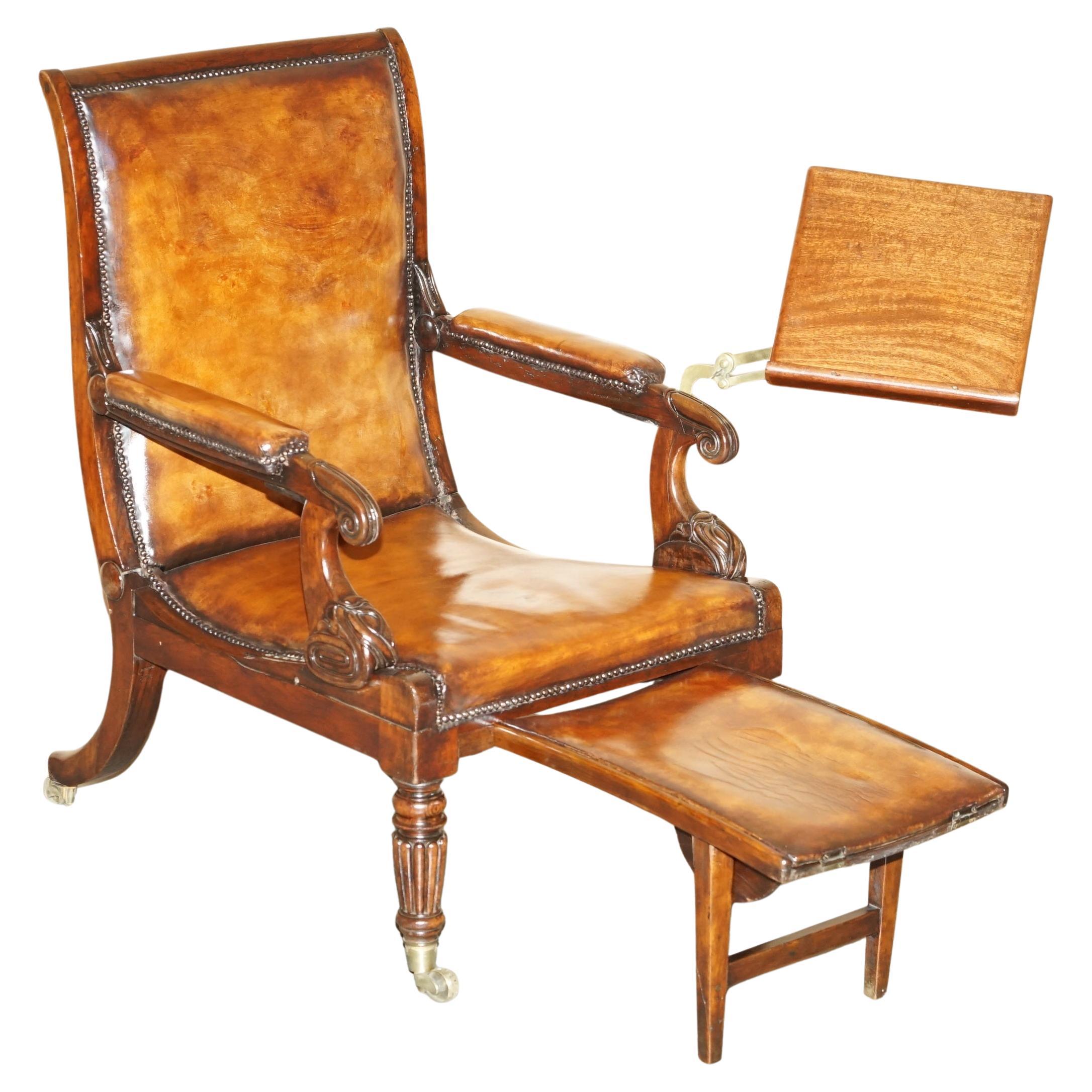 ORIGINAL ANTIQUE ROBERT DAWS HARDWOOD BROWN LEATHER RECLINiNG LIBRARY ARMCHAIR For Sale