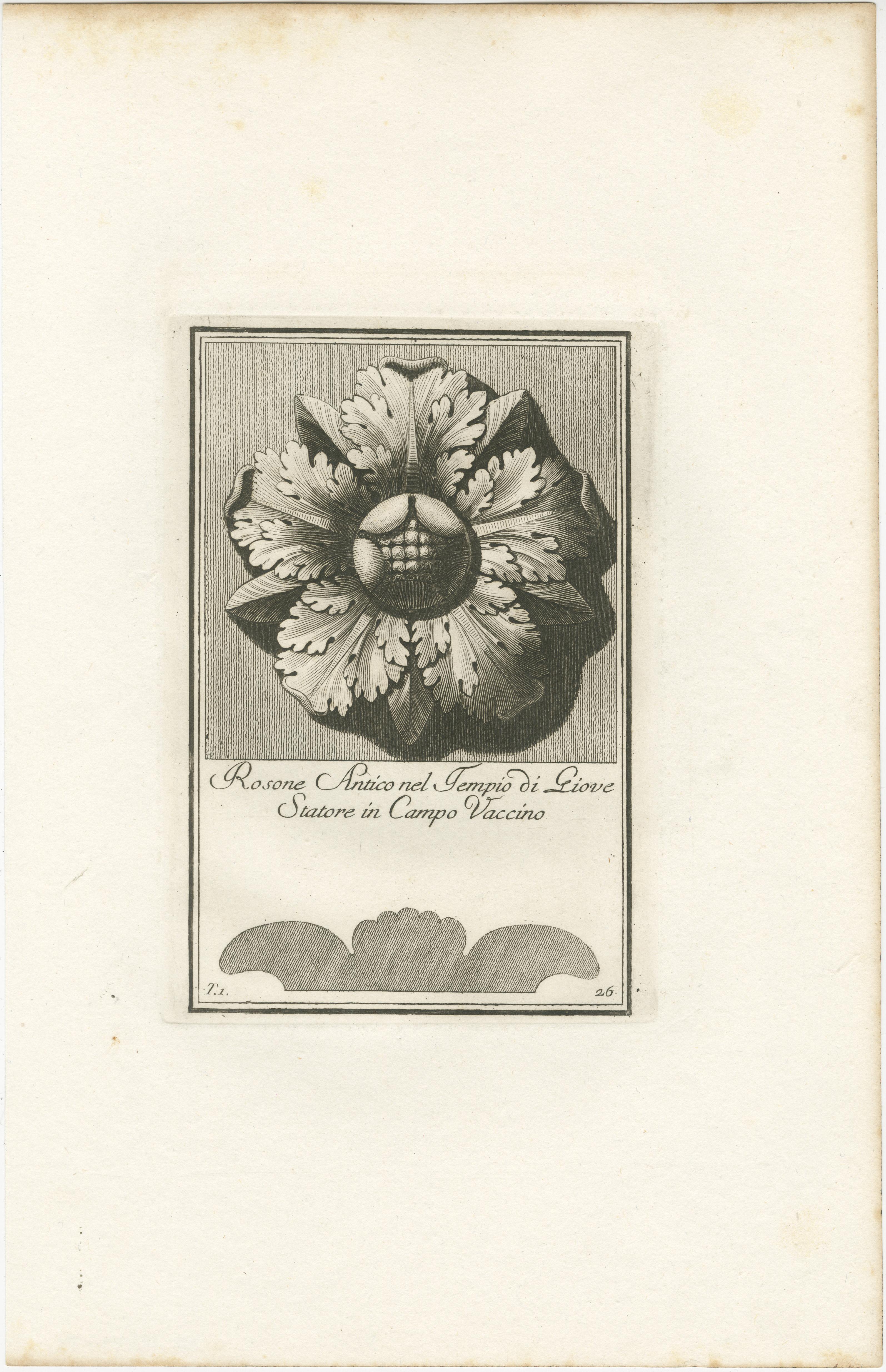 This elegant engraving from the late 18th century features a rosette, an ornamental design resembling a stylized rose, which has been a recurring motif in architectural design through the ages. Titled 
