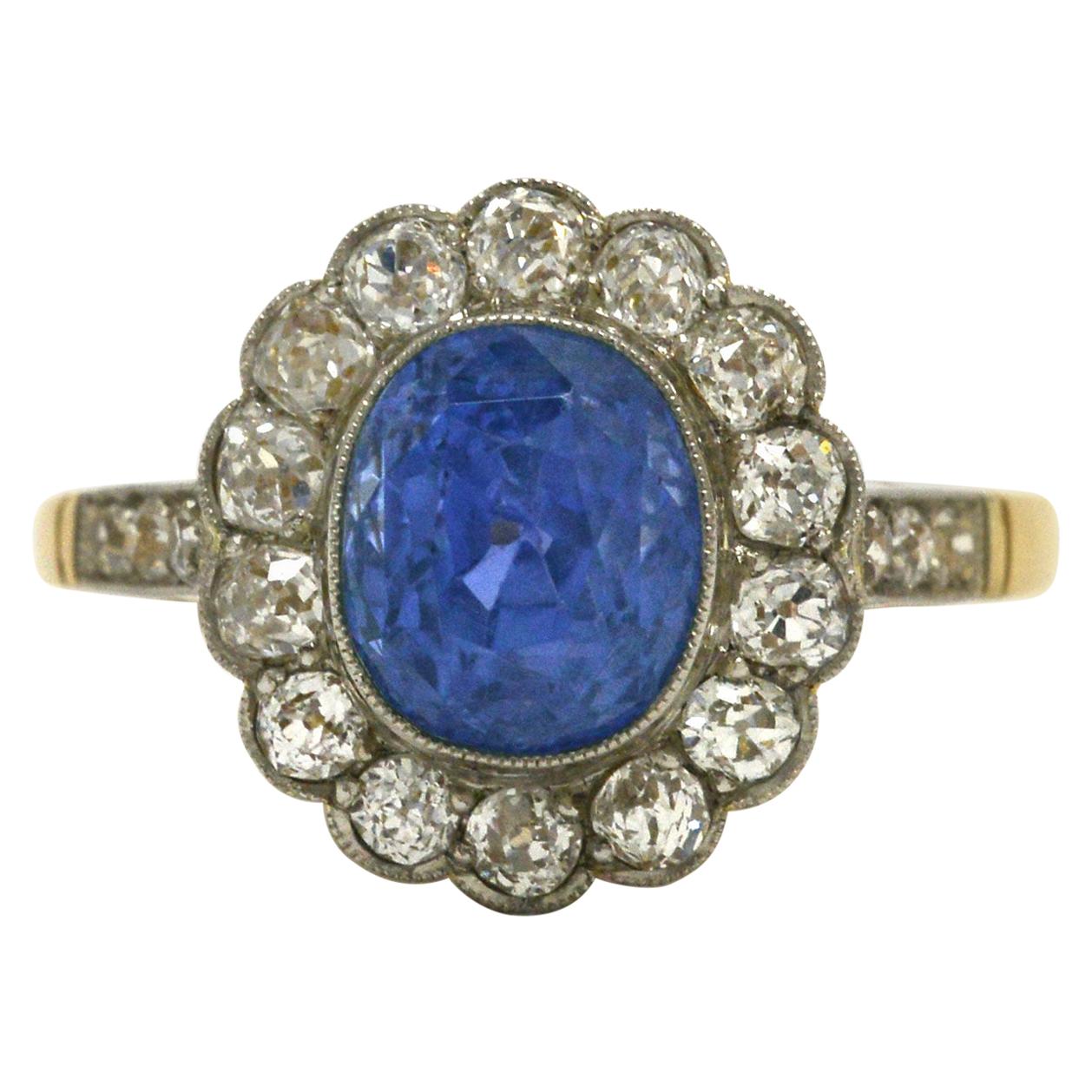 Original Edwardian Antique Sapphire Ring Over 4 Carats Diamond Halo
