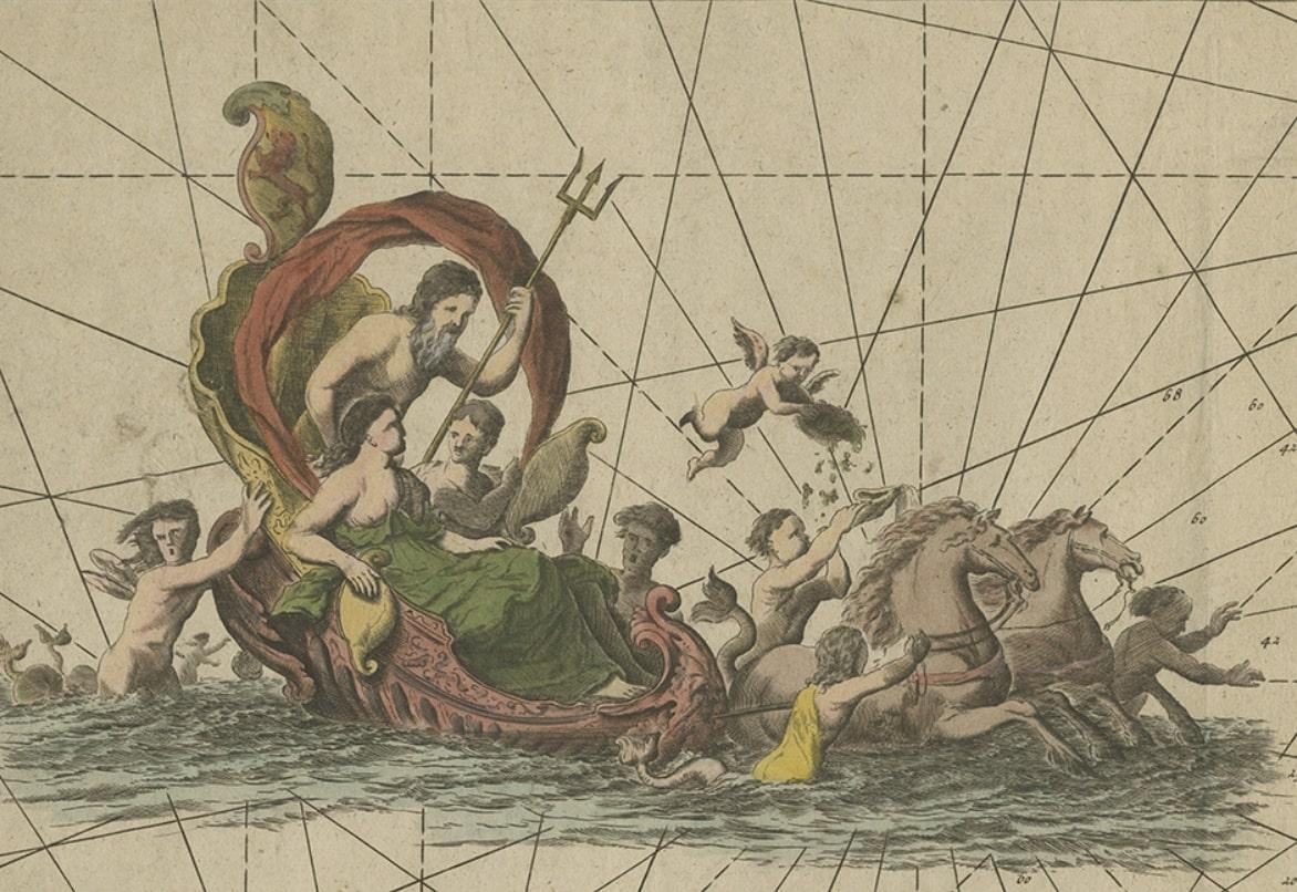 Antique map titled 'Paskaerte van het inkoomen van de Maes (..)'. 

Original antique sea chart of the Maas (or Meuse) river and part of the Dutch coast. Large decoration showing Neptune and putti in/ around a horse-drawn chariot. This individual
