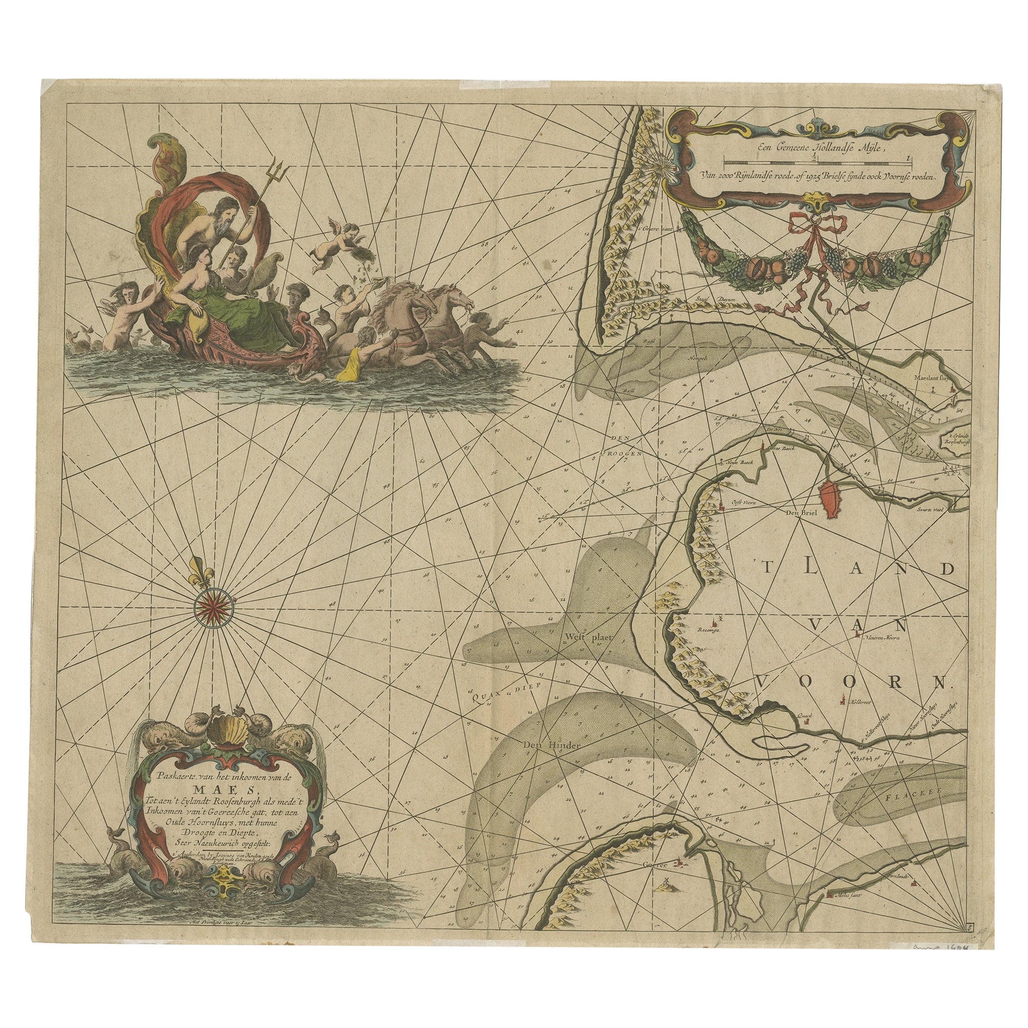 Carta marittima originale antica del fiume Maas o Mosa con i Nettuni, 1684
