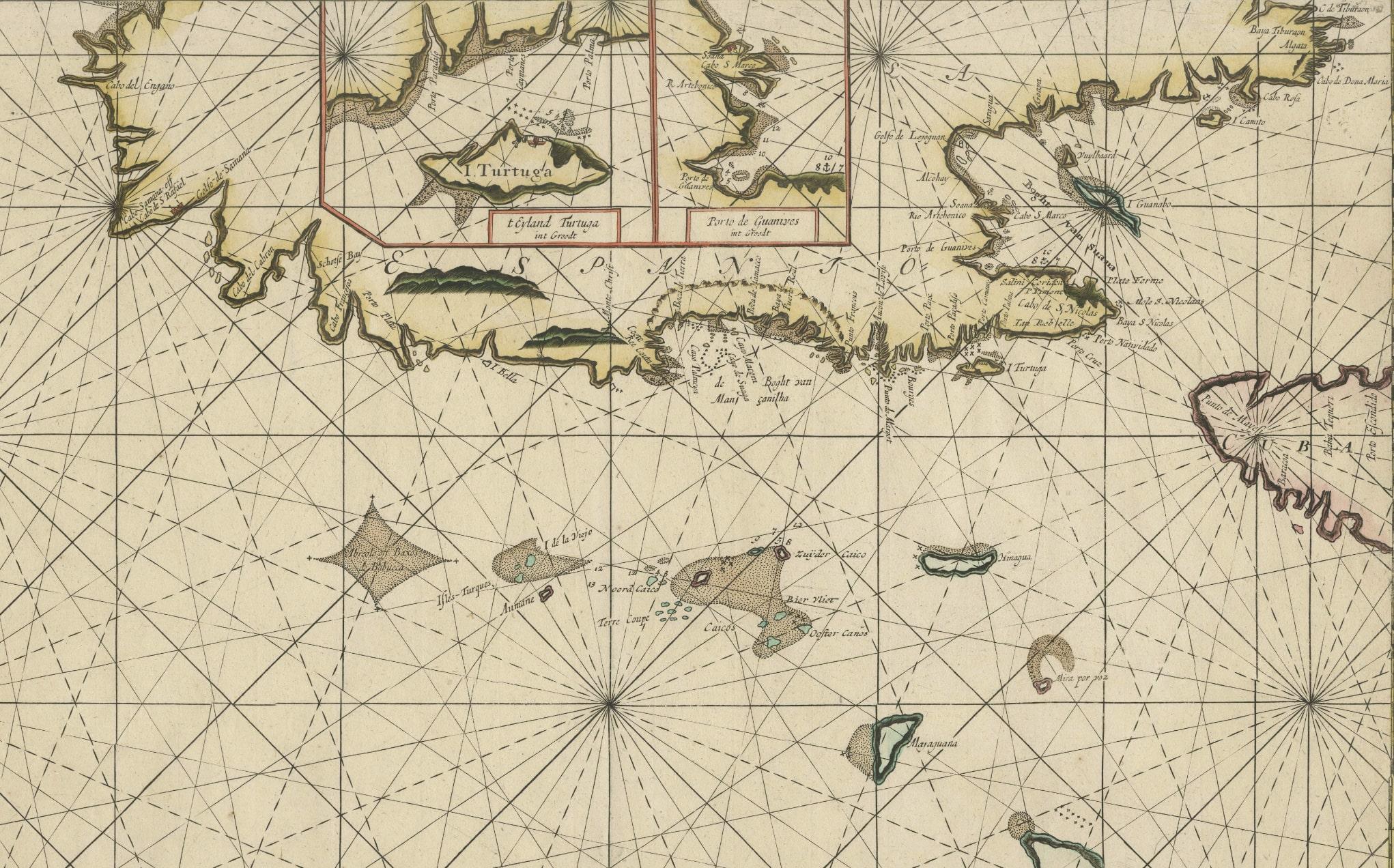 Antique map titled 'Pas kaart van de Noord Kust van Espaniola (..)'. Beautiful sea chart of the northern part of Hispaniola, western Cuba. The map includes the Turks & Caicos Islands and southern part of the Bahamas. Shows Guanahami or S. Salvador.
