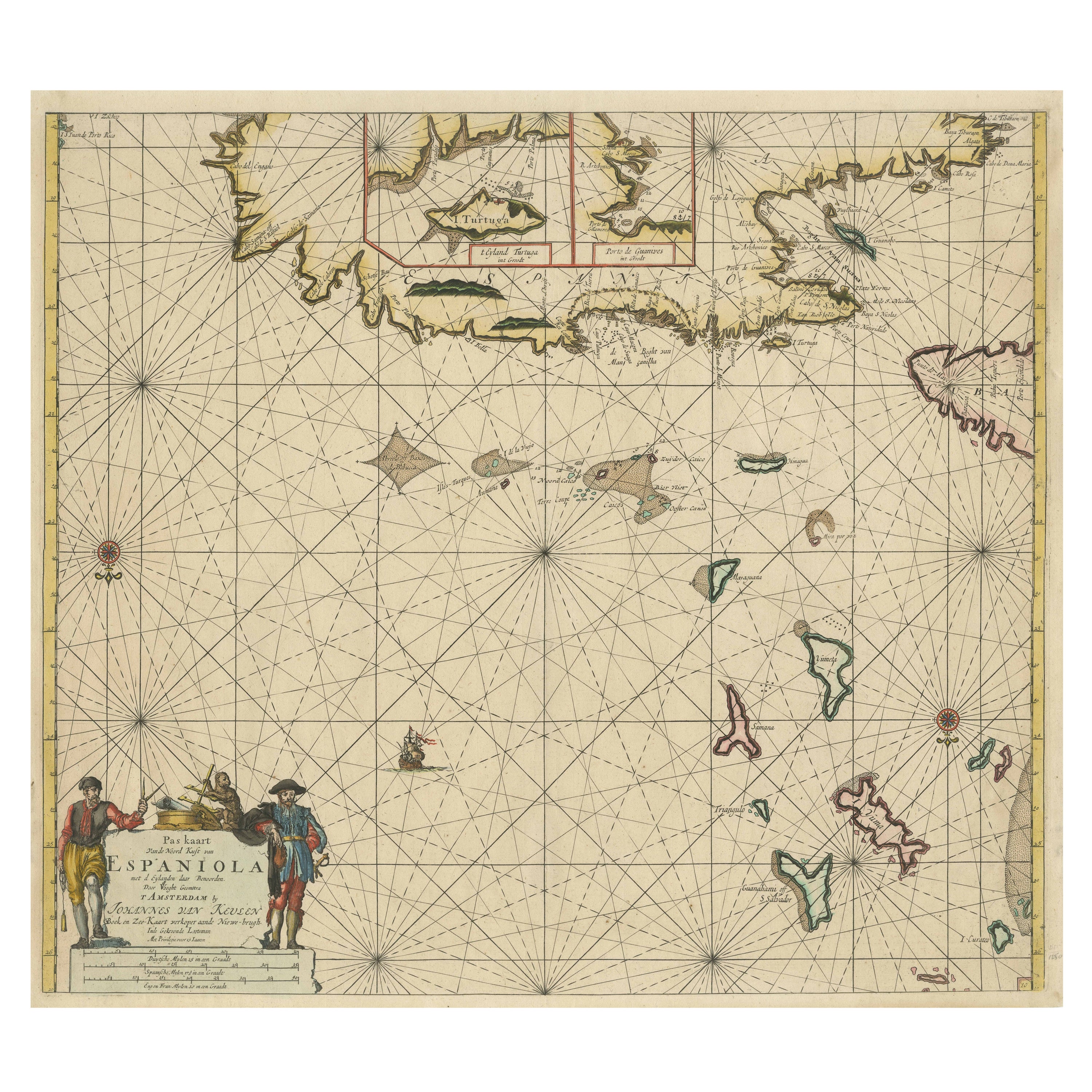 Carta marittima antica originale della parte settentrionale di Hispaniola, Cuba occidentale