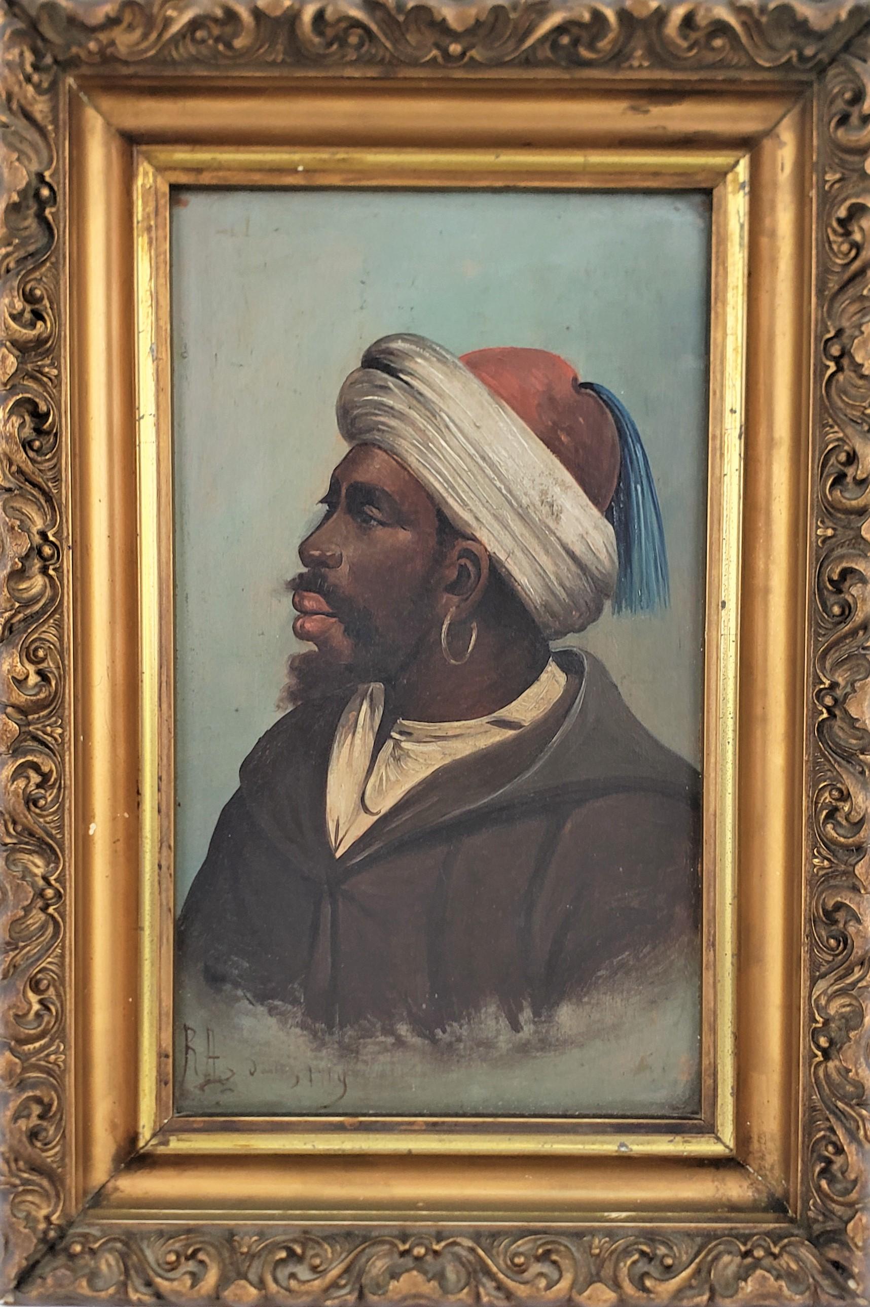 This original antique oil painting on a wooden panel is signed illegibly, making it an unknown artist, but presumed to have been done in Spain in approximately 1912 in the period style. The painting is done with oil on panel and is a portrait of a