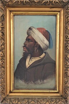 Original Antique Signed Portrait Oil Painting on Wood Panel of a Moroccan Moor