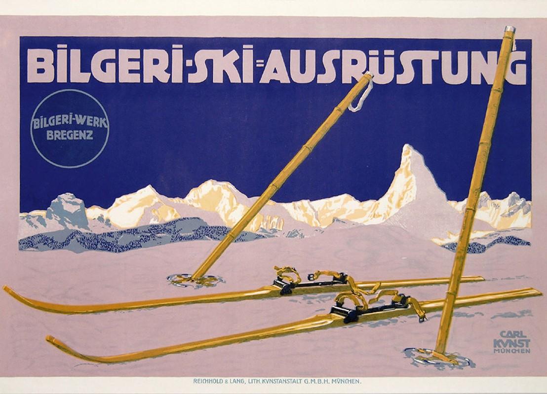 Austrian Original Antique Skiing Poster Bilgeri Werk Bregenz Austria - Matterhorn Zermatt
