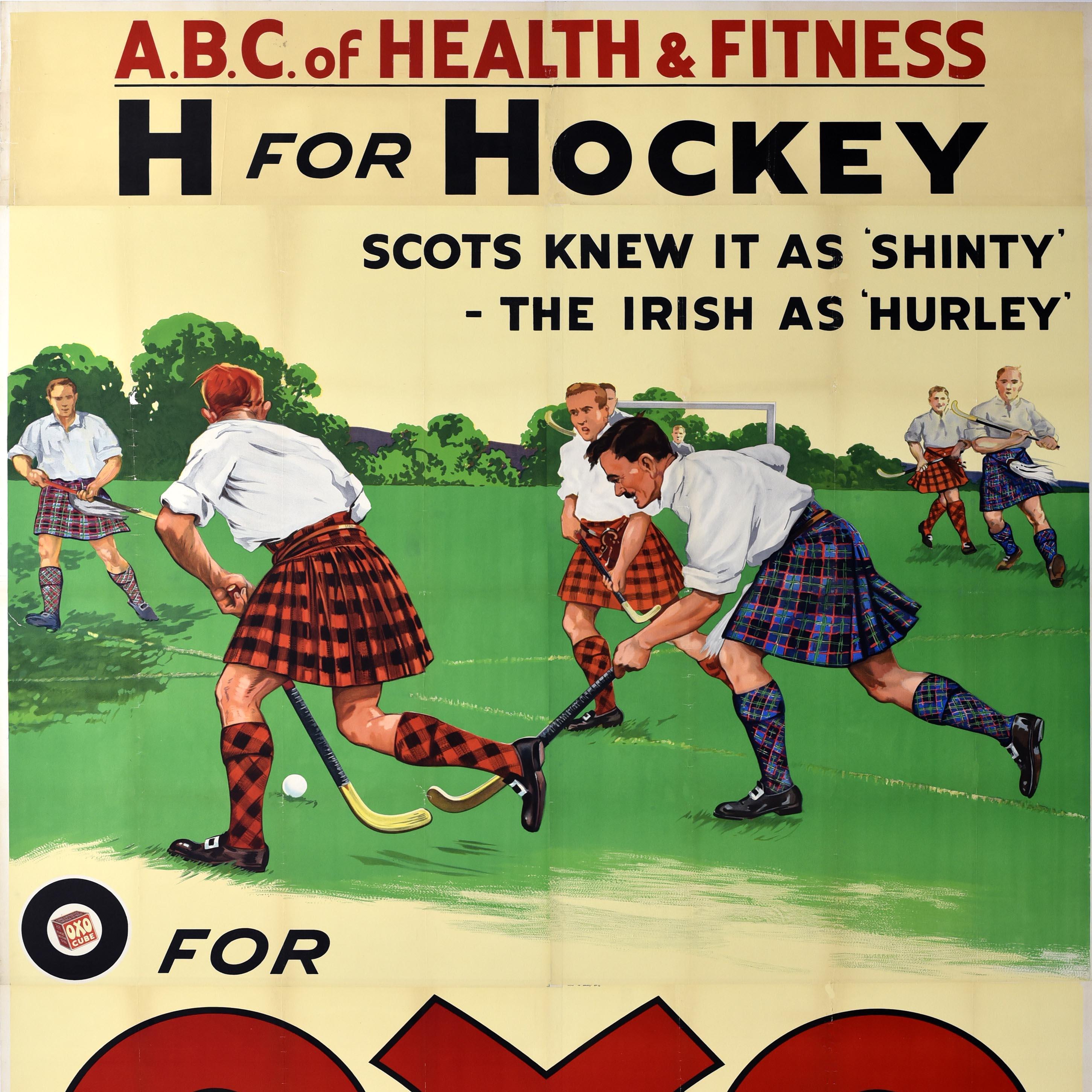 Britannique Affiche publicitaire originale et ancienne de sport Oxo Hockey Health fitness Britons en vente
