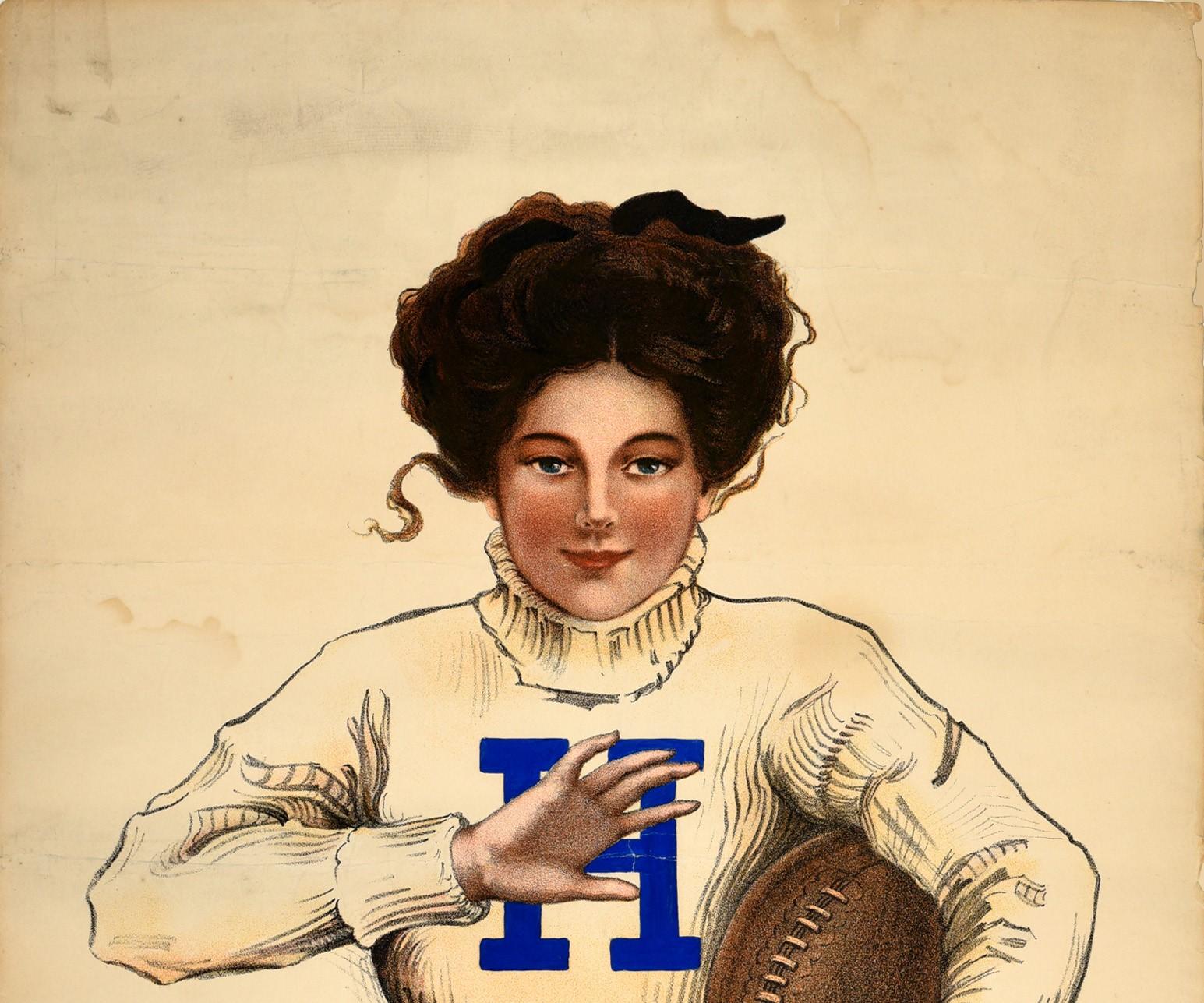 Original antique college sport poster for Hazleton High School featuring an illustration of young lady holding an American football with a bold letter H on her top, the school logo on the side below. Artwork by Marguerite Beaman Neale (1886-1964).
