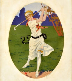 Poster sportivo originale d'epoca Cuore di donna golfista Georges Grellet Art Deco