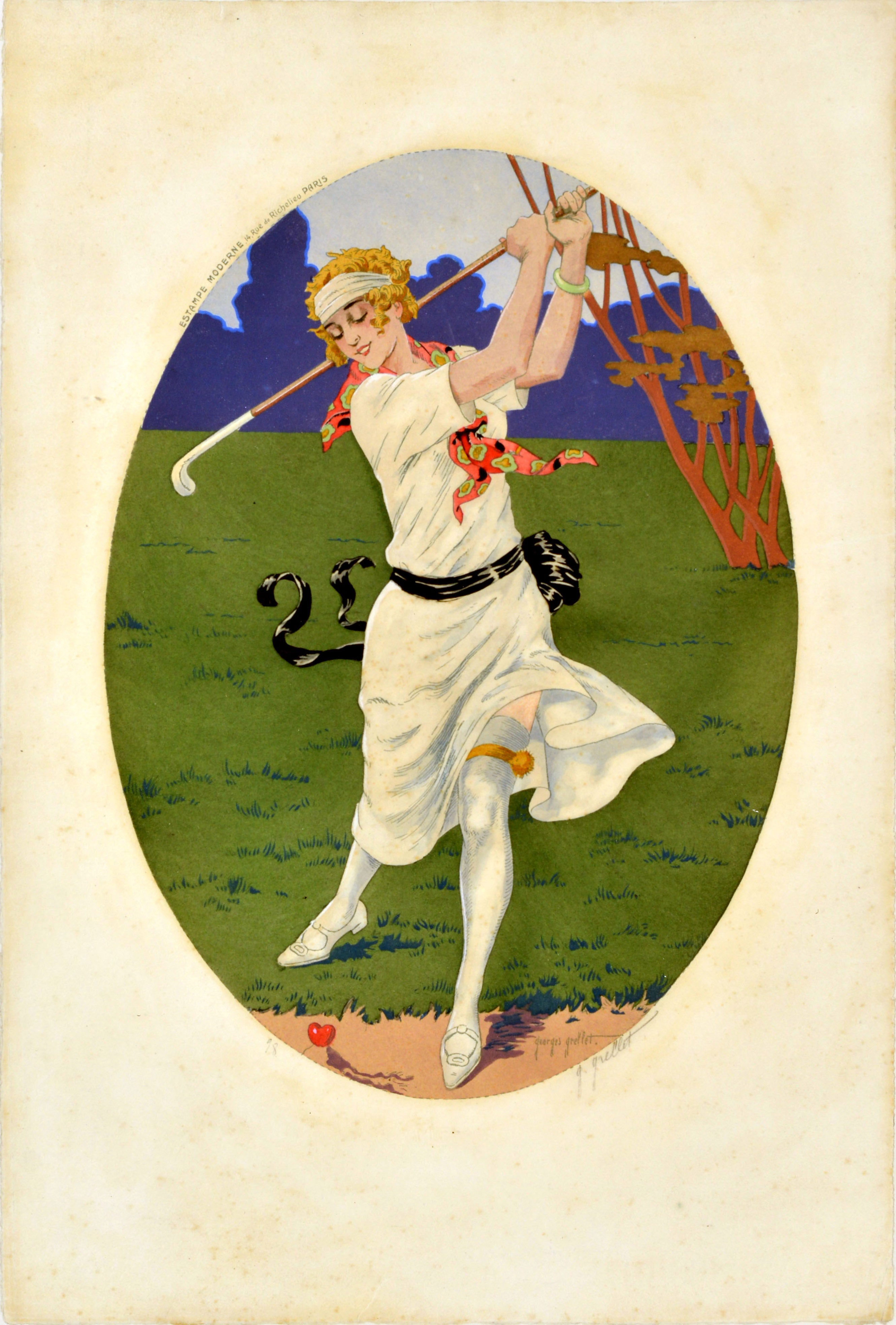 Original Antique Sport Poster Heart Female Golfer Georges Grellet Art Deco