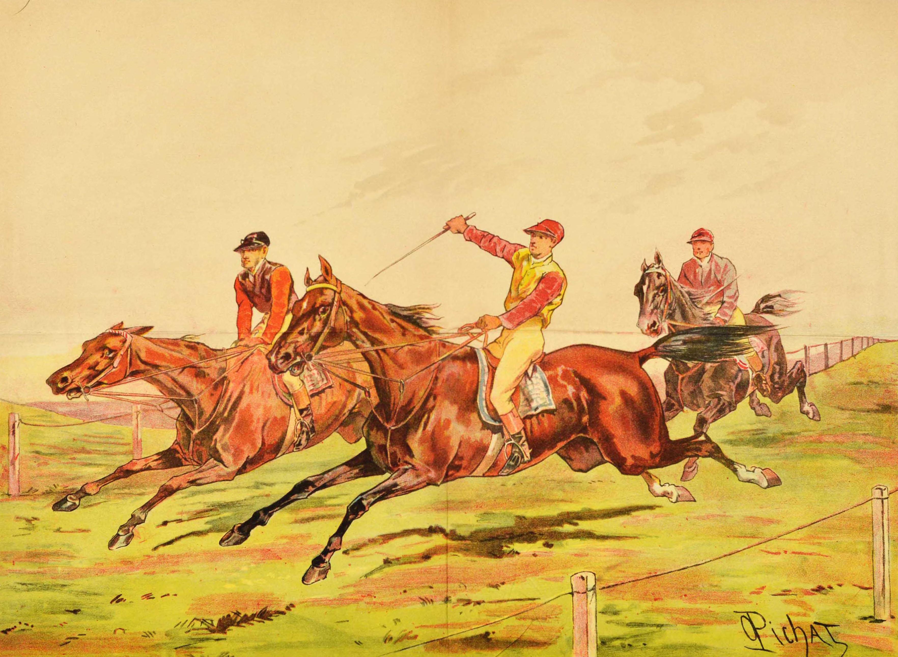 Original antique sport poster for horse racing featuring an great illustration of three jockeys riding horses on a racecourse. Artwork by the French equestrian artist Olivier Pichat (1820-1912). Printed by Camis, Paris. Horizontal. Fair condition,