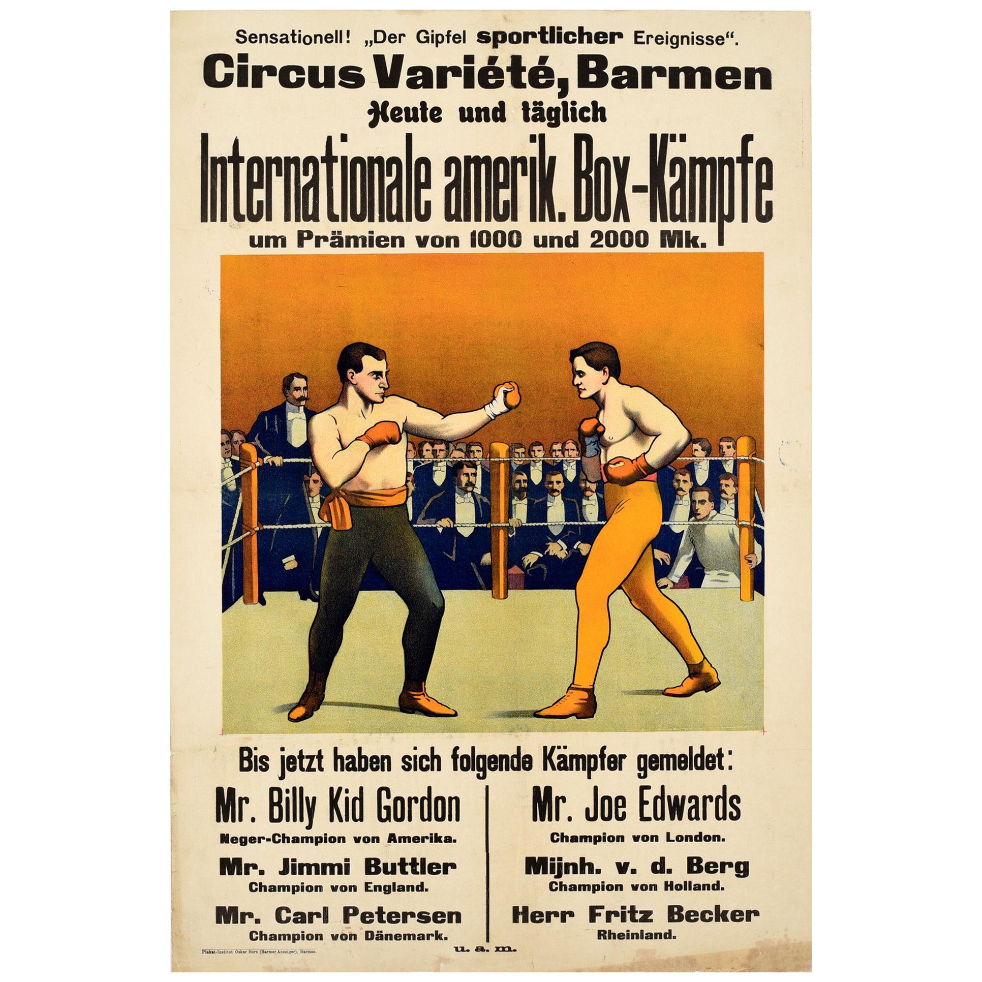 Original Antique Sport Poster International American Boxing Championship Germany
