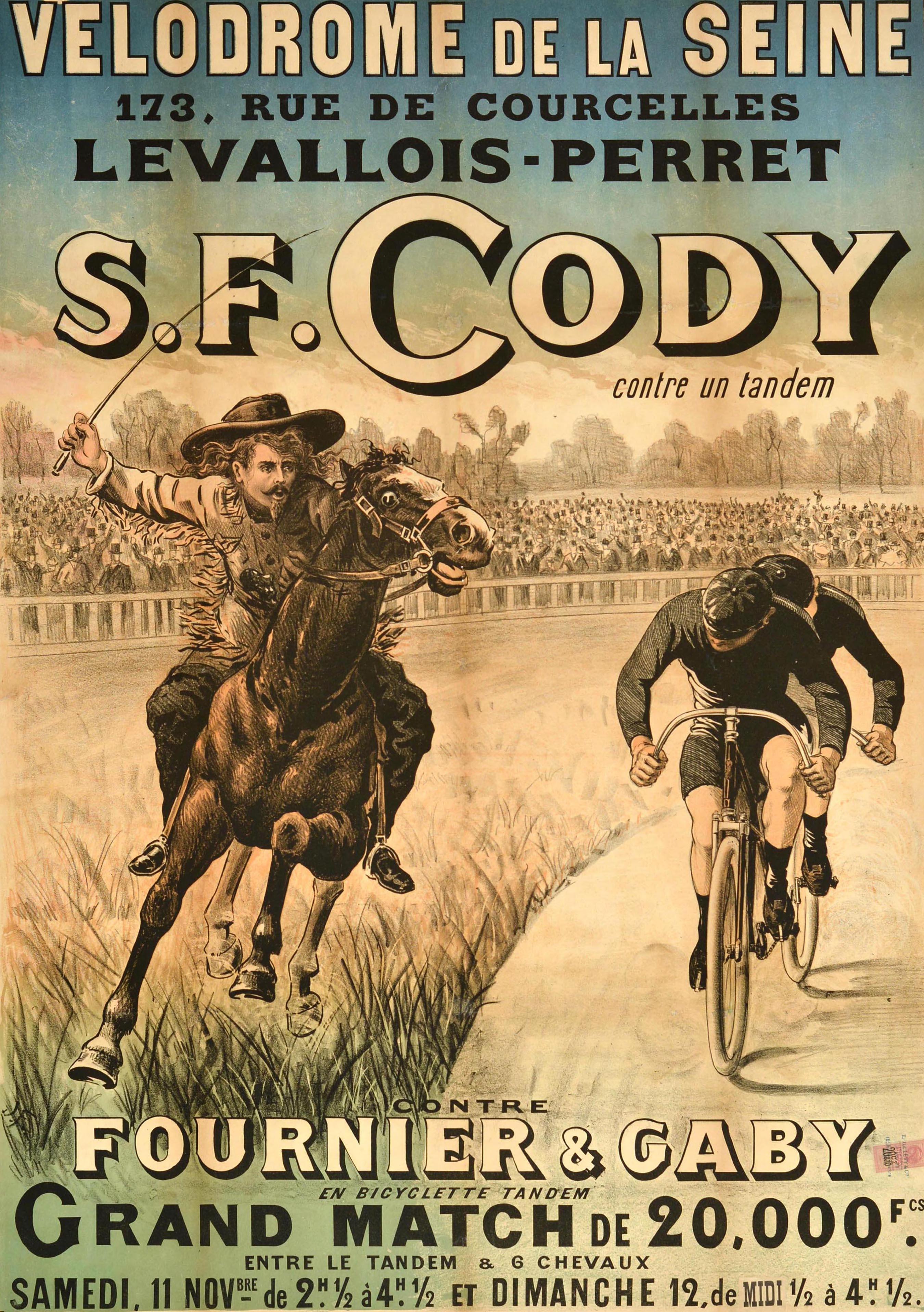 Original antique sports advertising poster for an equestrian and cycle racing event show held at the Velodrome de la Seine in Paris on 11 and 12 November - S.F. Cody contre un tandem contre Fournier & Gaby en bicyclette tandem Grand Match de