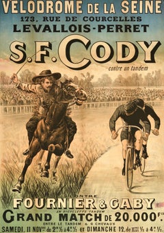 Original Antique Sports Poster SF Cody Fournier Gaby Horse Tandem Cycle Racing