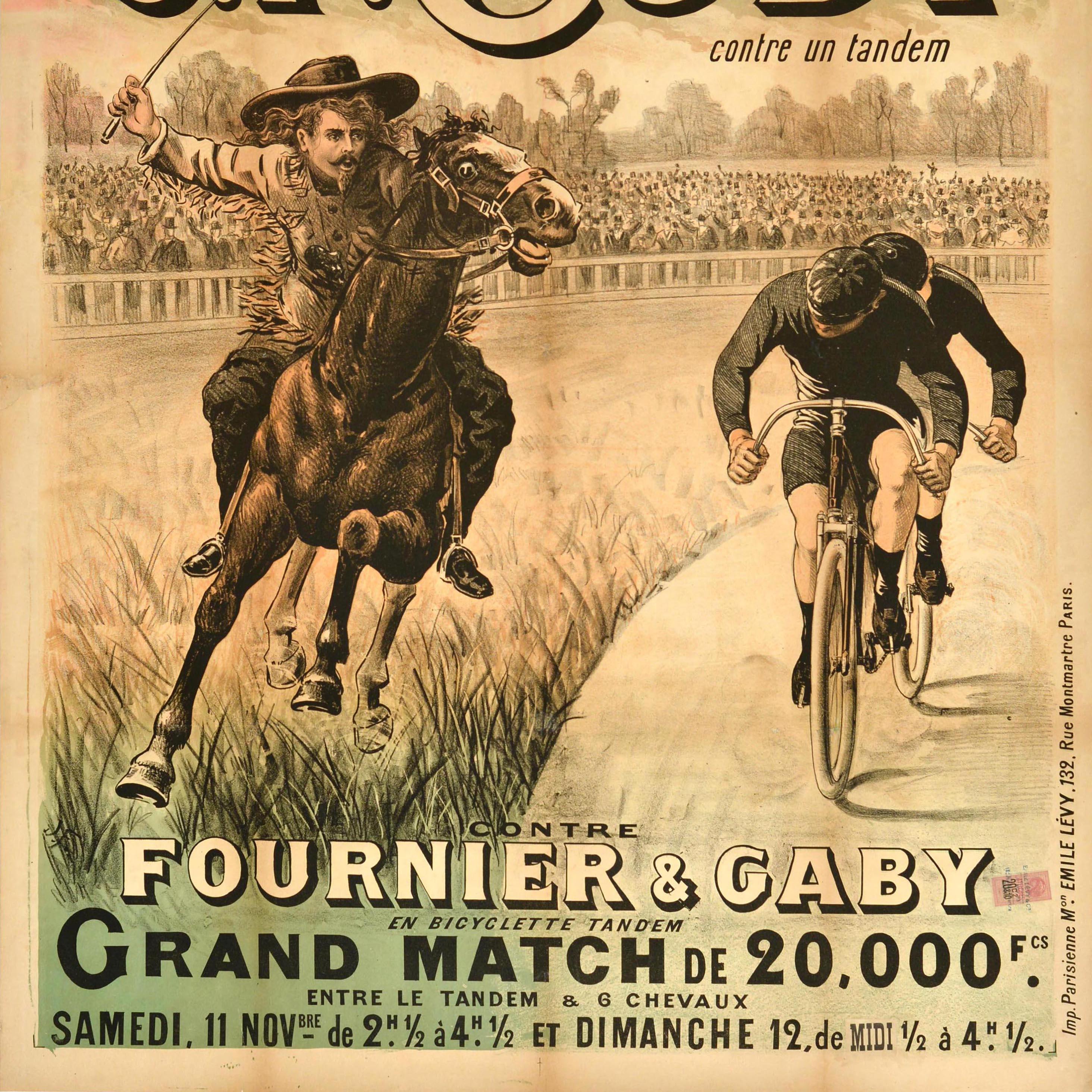 French Original Antique Sports Poster SF Cody Fournier Gaby Horse Tandem Cycle Racing For Sale