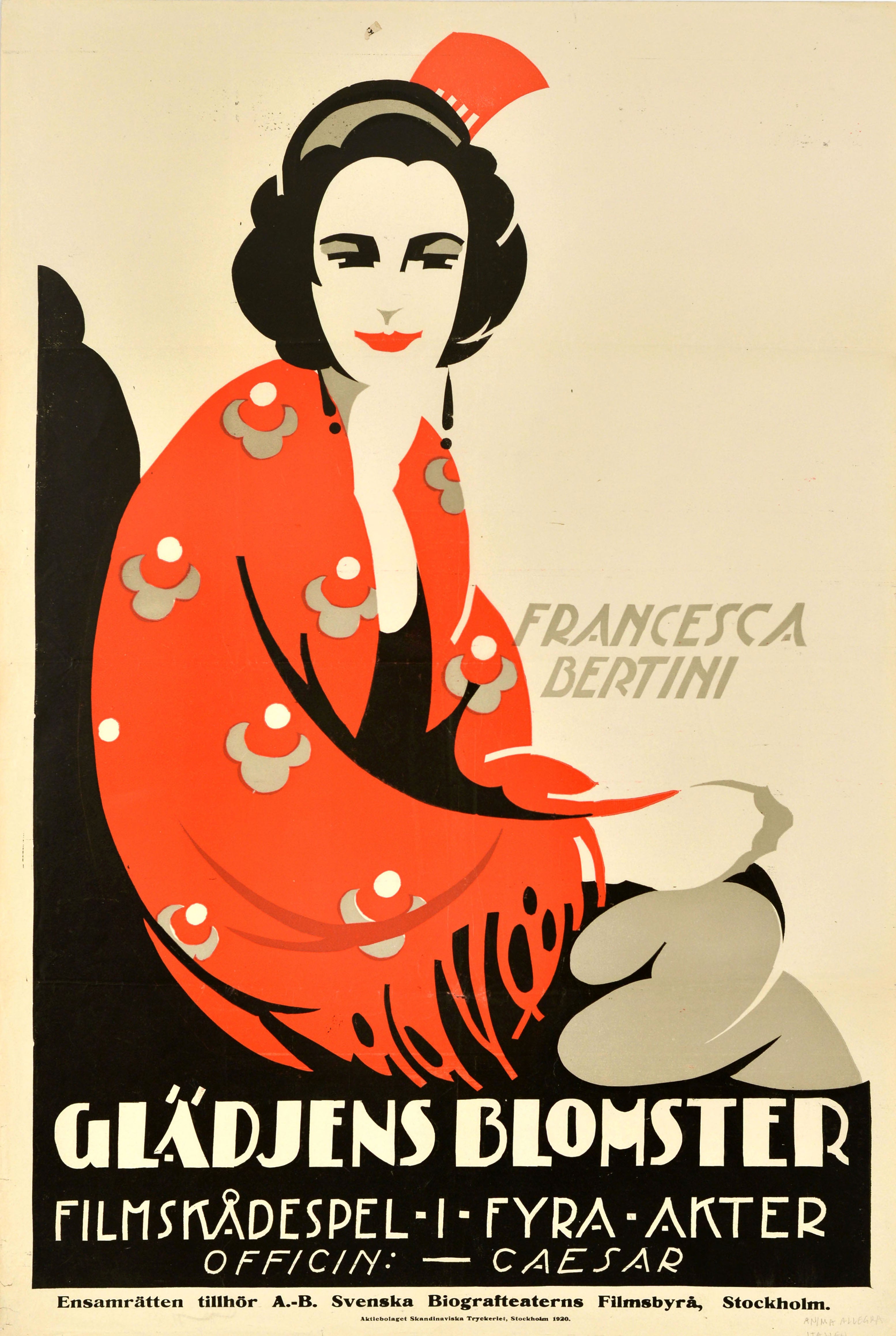 Original Antique Swedish Movie Poster Francesca Bertini Anima Allegra