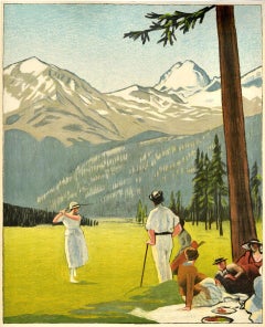 Poster di viaggio originale antico svizzero Palace Hotel St. Moritz Golf Emil Cardinaux
