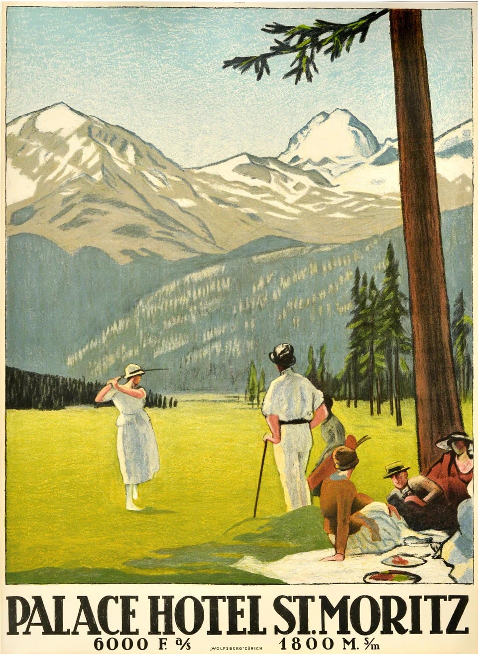 Original Antike Schweizer Reiseplakat Palace Hotel St Moritz Golf Emil Cardinaux