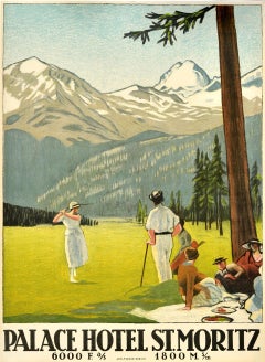 Poster di viaggio originale antico svizzero Palace Hotel St. Moritz Golf Emil Cardinaux