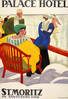 Original Antique Swiss Winter Travel Poster Palace Hotel St Moritz Switzerland