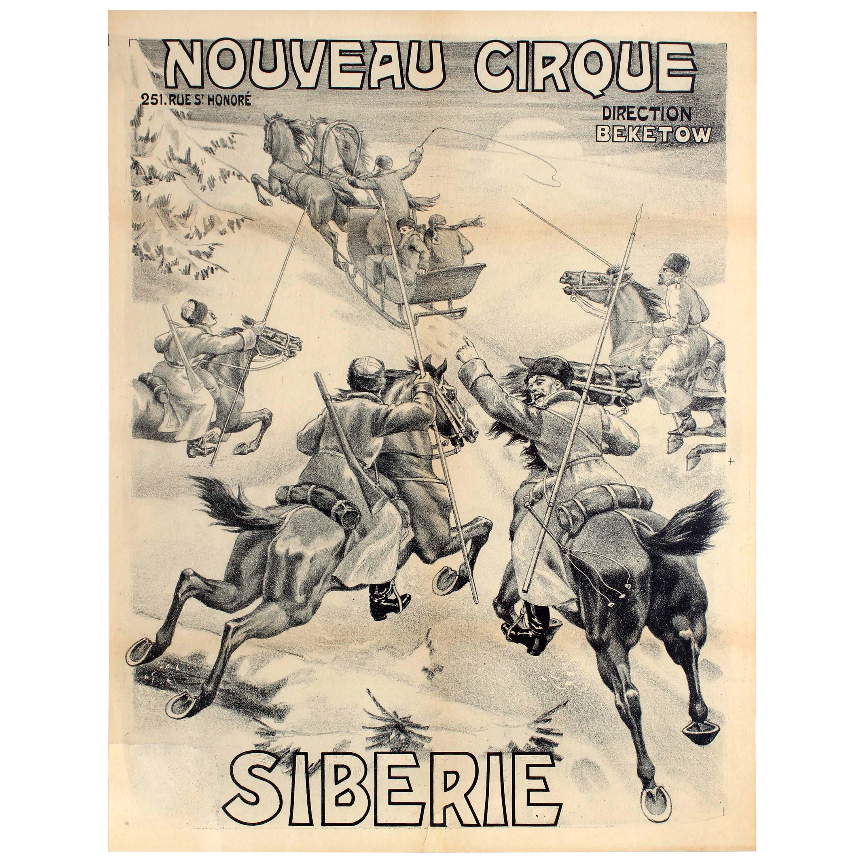 Original Antique Theatre Poster Nouveau Cirque Siberie Siberia Cossack Horse Art