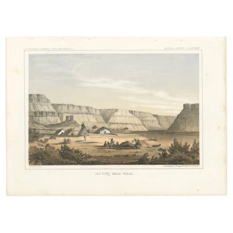 Original Antique Tinted Lithograph of Old Fort Walla Walla in Washington, 1856