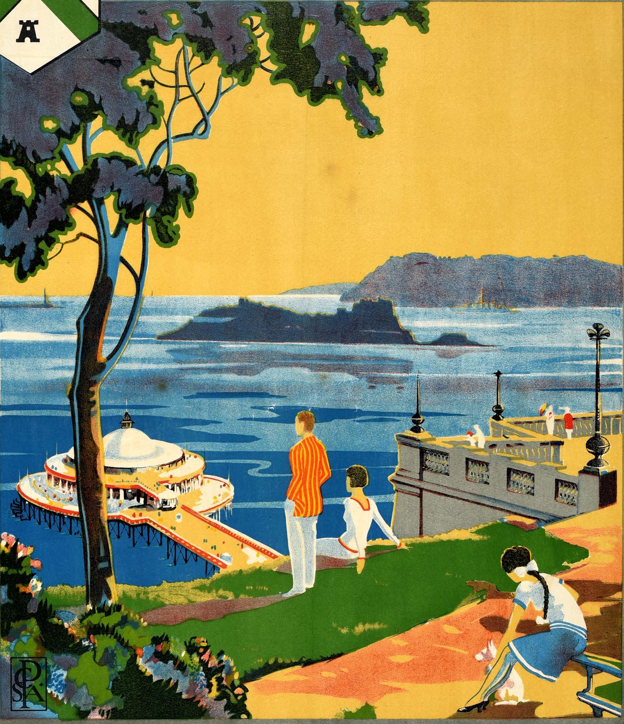 Original antique train travel advertising poster - Great Western Railway Plymouth The centre of 100 tours in sunny South Devon - featuring a colourful Art Deco style illustration of people admiring the view on a hill in the foreground looking down