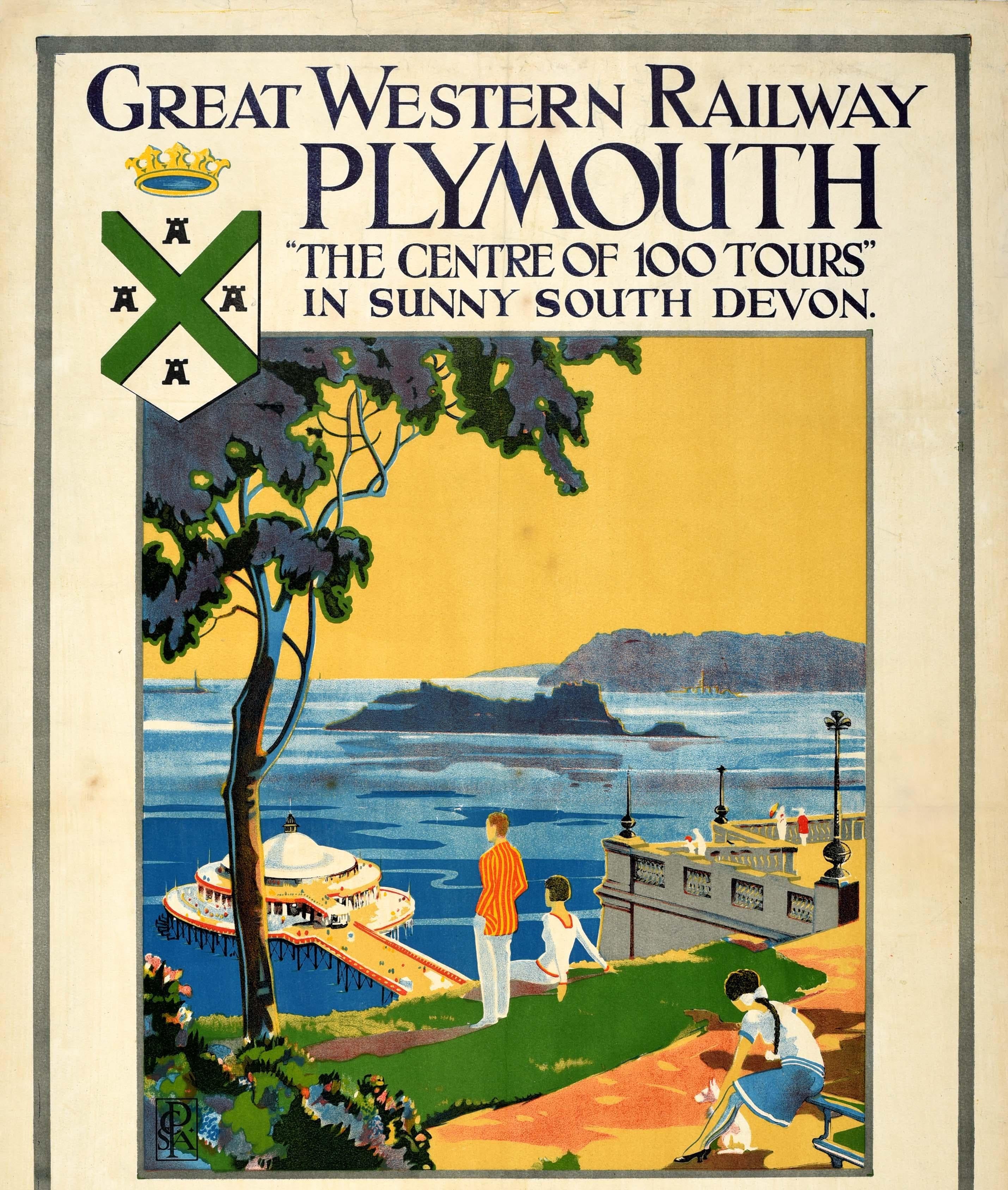 Art Deco Original Antique Train Travel Advertising Poster Plymouth Sunny South Devon GWR For Sale