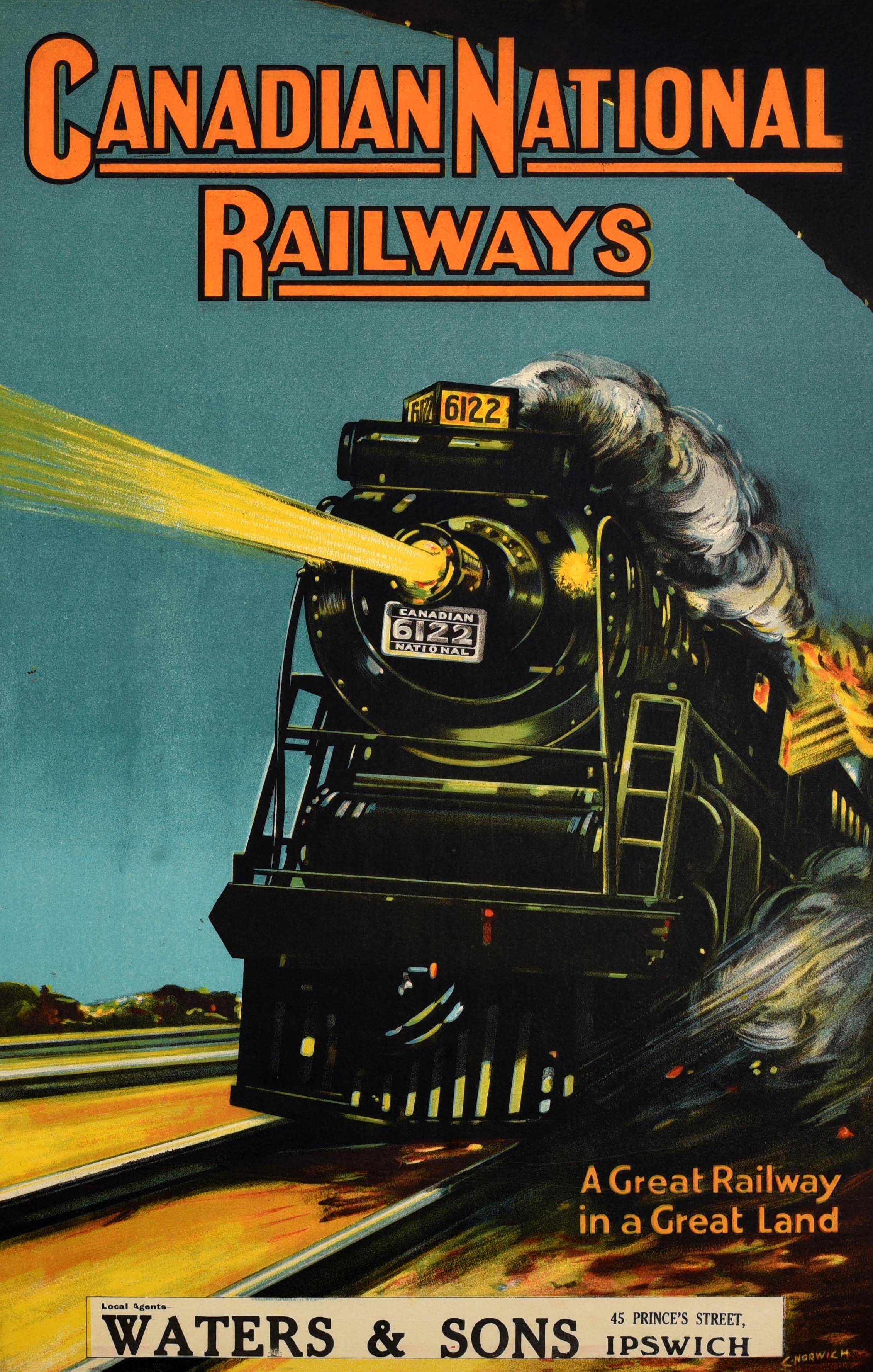 Original antique train travel advertising poster - Canadian National Railways A great railway in a great land - featuring a Canadian National 6122 steam locomotive train running at speed along the rail tracks at night with its lights shining out in