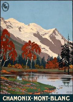 Cartel original antiguo de viaje en tren: Chamonix-Mont Blanc, línea ferroviaria PLM Geo Dorival