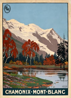 Cartel original antiguo de viaje en tren: Chamonix-Mont Blanc, línea ferroviaria PLM Geo Dorival