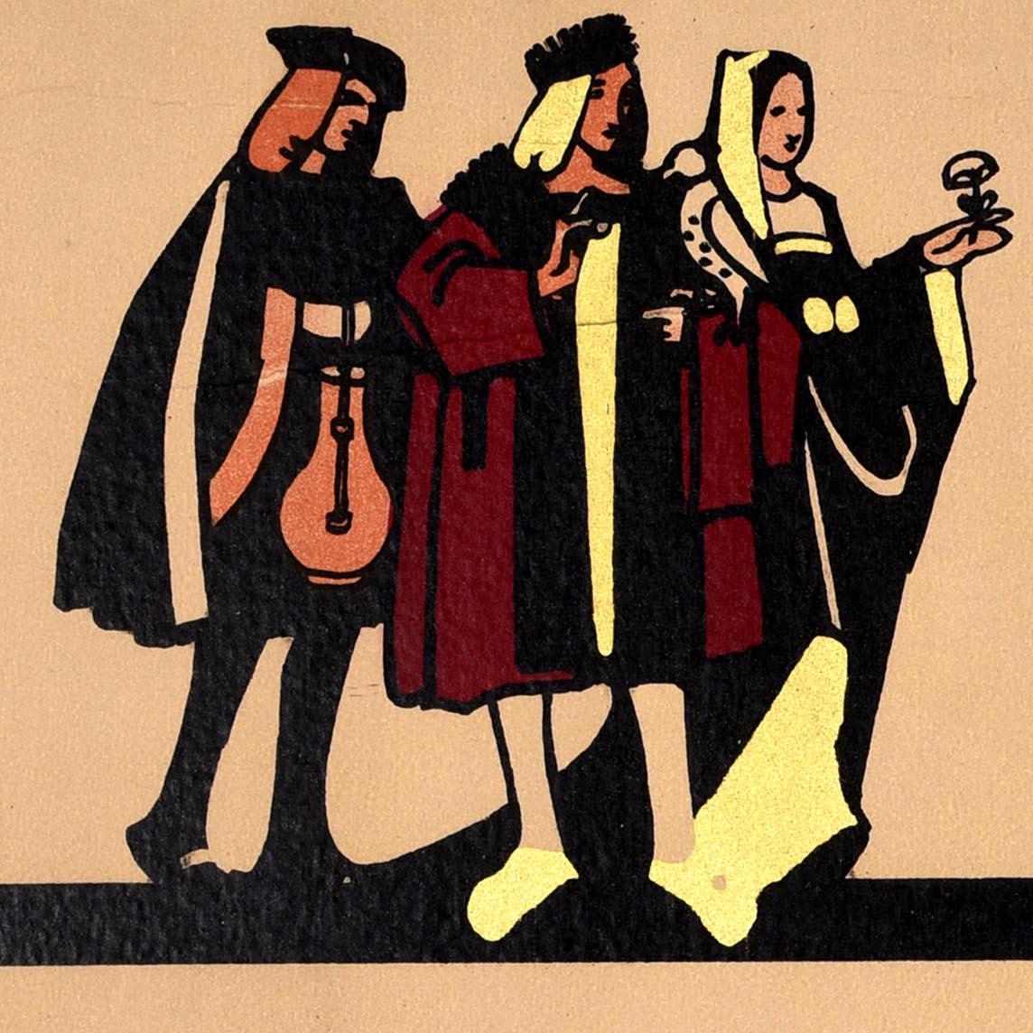 Affiche de voyage ancienne et originale pour Londres - Train services and fares from any LNER agency - présentant des lettres calligraphiées en style anglais ancien et des illustrations de personnes en vêtements médiévaux, dont un homme promenant