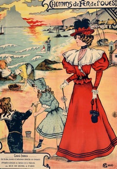 Original Antique Train Travel Poster Normandy Brittany French Western Railway