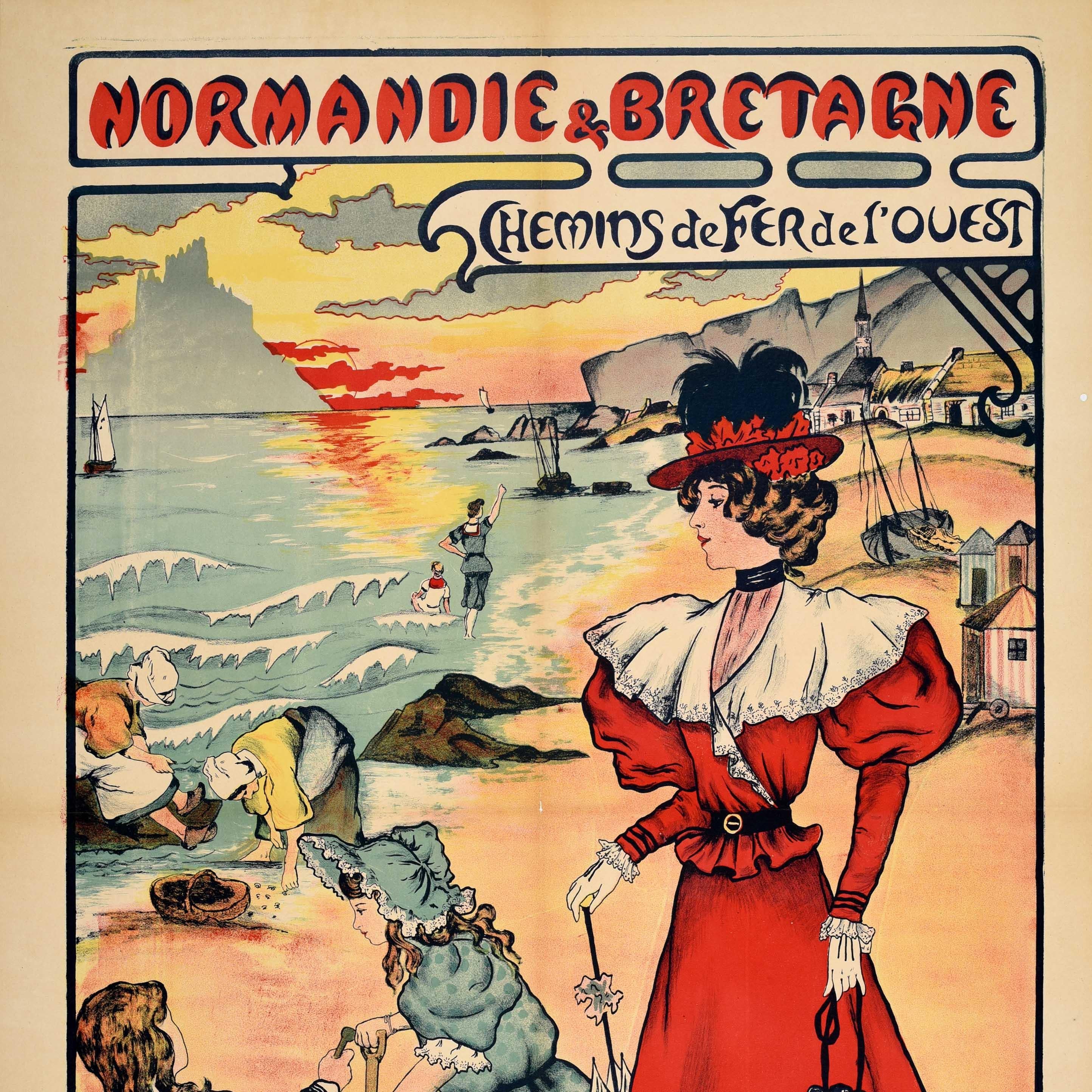 Art Nouveau Original Antique Train Travel Poster Normandy Brittany French Western Railway For Sale
