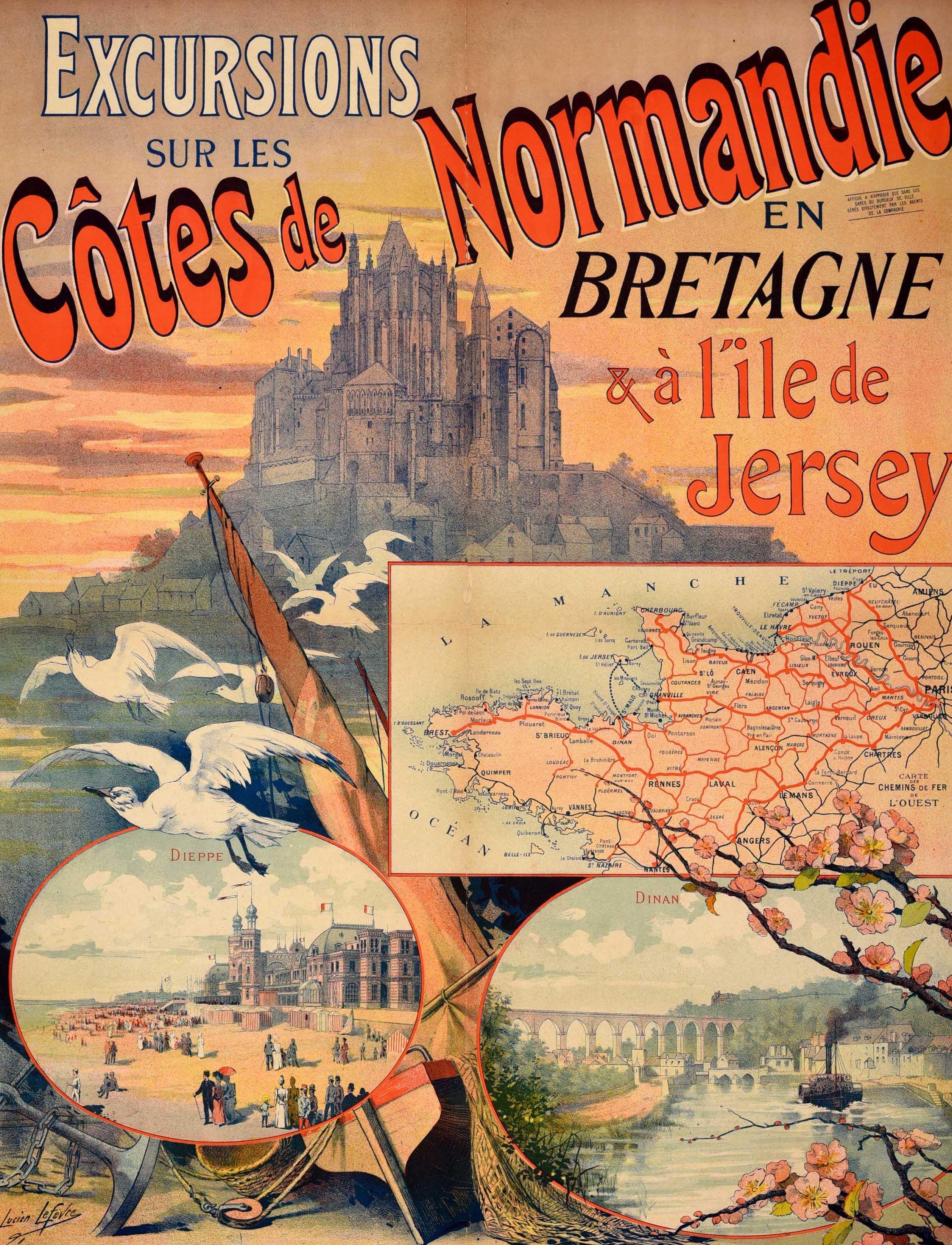 Original antique train travel poster for Excursions On The Coasts of Normandy in Brittany & the Island of Jersey / Excursions Sur Les Cotes de Normandie en Bretagne & a l'Ile de Jersey featuring artwork by Lucien Lefevre (1850-1902) depicting the