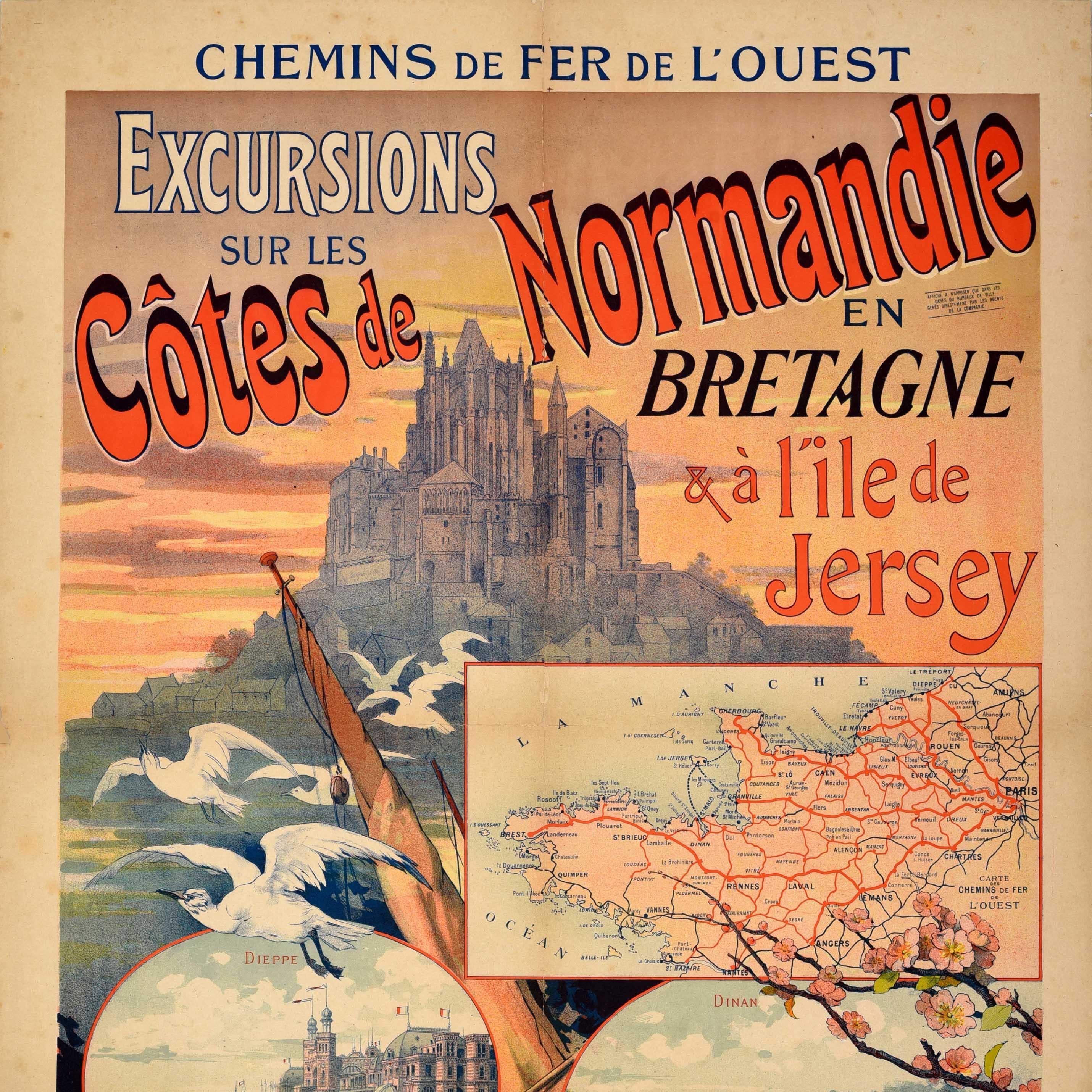 French Original Antique Train Travel Poster Normandy Brittany Jersey Coast Excursions