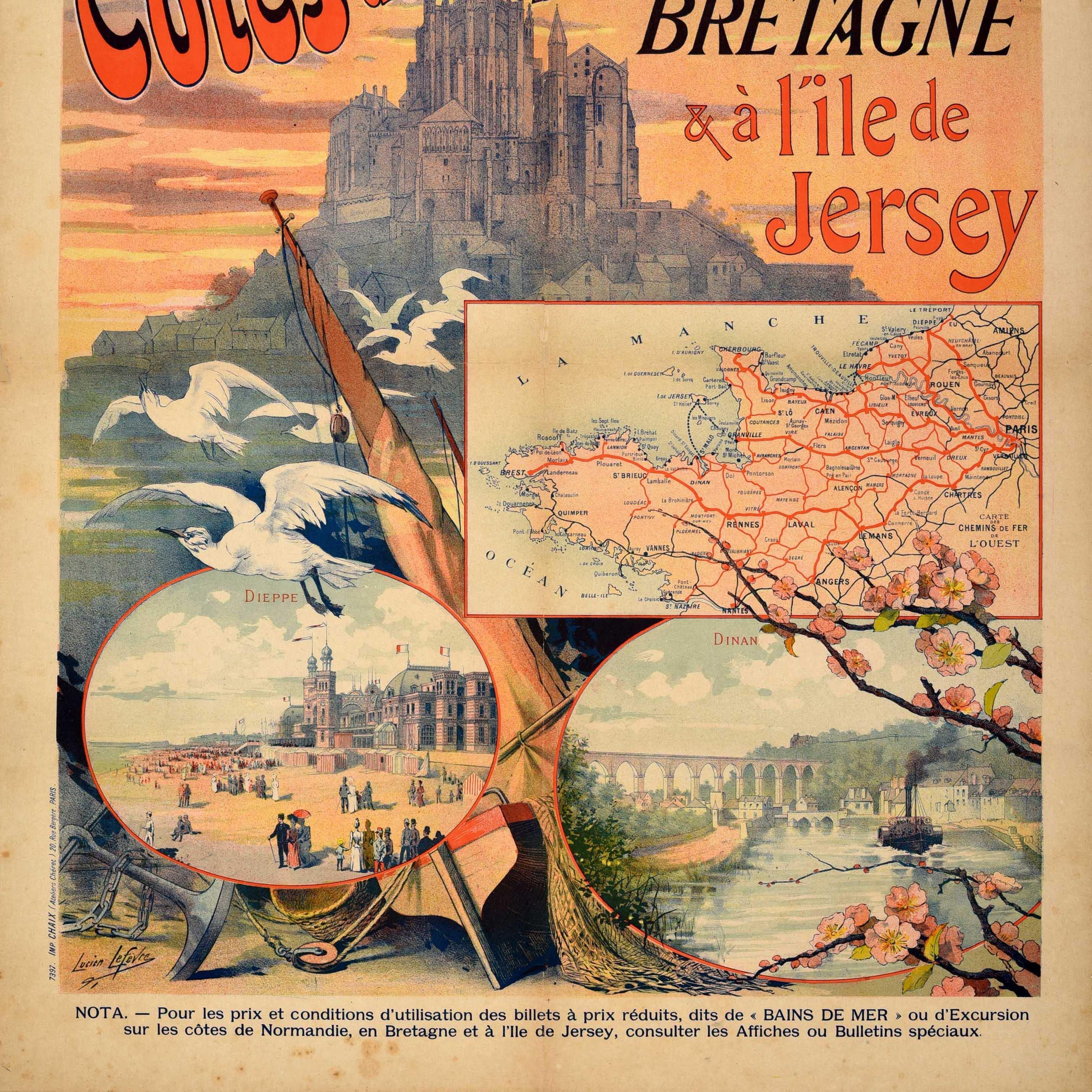 Original Antique Train Travel Poster Normandy Brittany Jersey Coast Excursions In Good Condition In London, GB