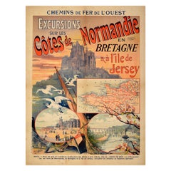 Cartel Antiguo Original de Viaje en Tren Normandía Bretaña Jersey Costa Excursiones