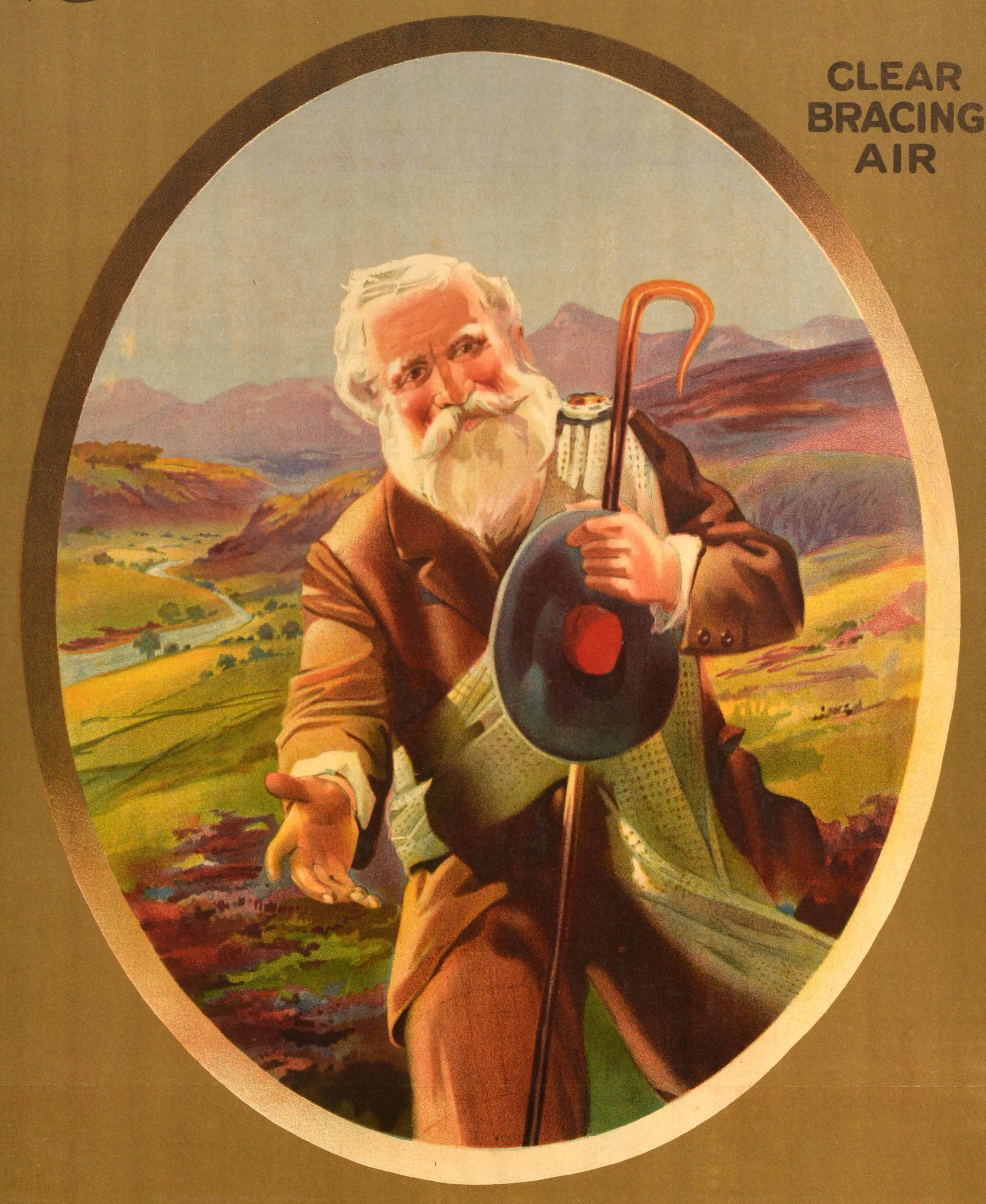 Original antique train travel poster - Come To Scotland For Your Holidays By The West Coast Route London & North Western & Caledonian Railways - featuring an illustration of a bearded gentleman holding his hat and a walking stick in one hand and