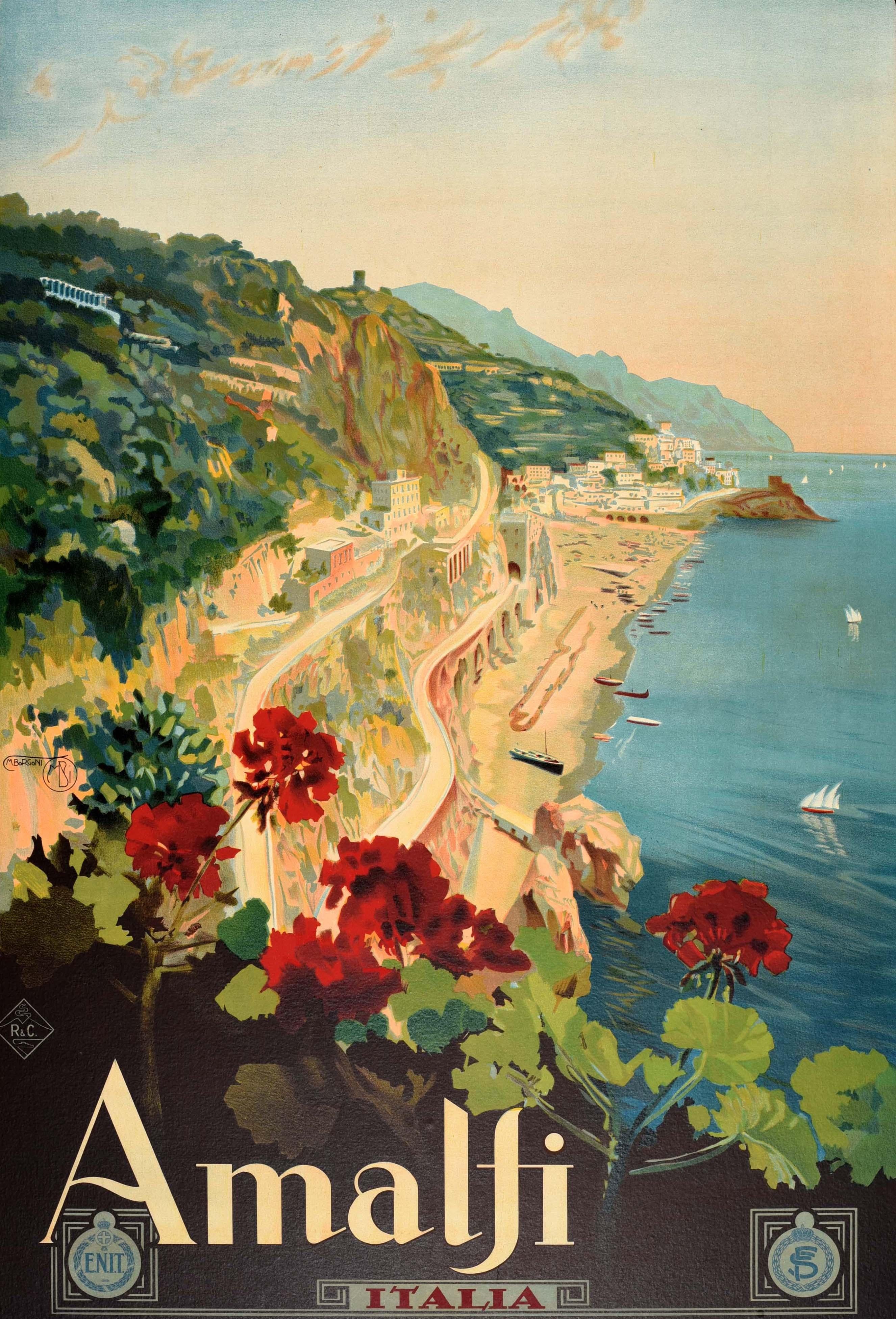 Original antique travel advertising poster published by the Italian Tourism Board ENIT to promote Amalfi Italia / Italy featuring scenic artwork by Mario Borgoni (1869-1936) showing roads running along the hills and cliffs towards the seaside town